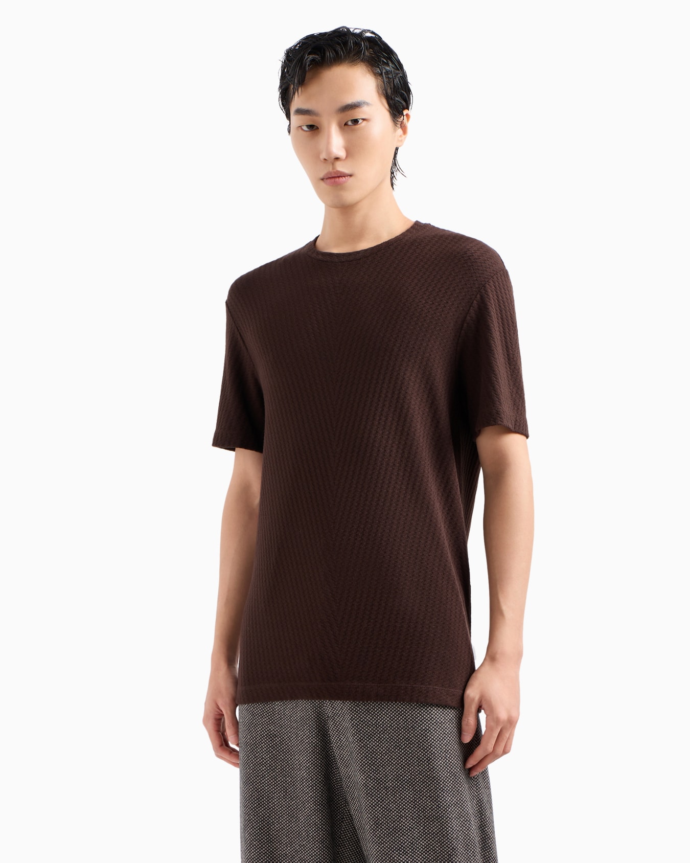 Camiseta de cuello redondo de punto de viscosa y cachemir en tejido jacquard Diapositiva 2