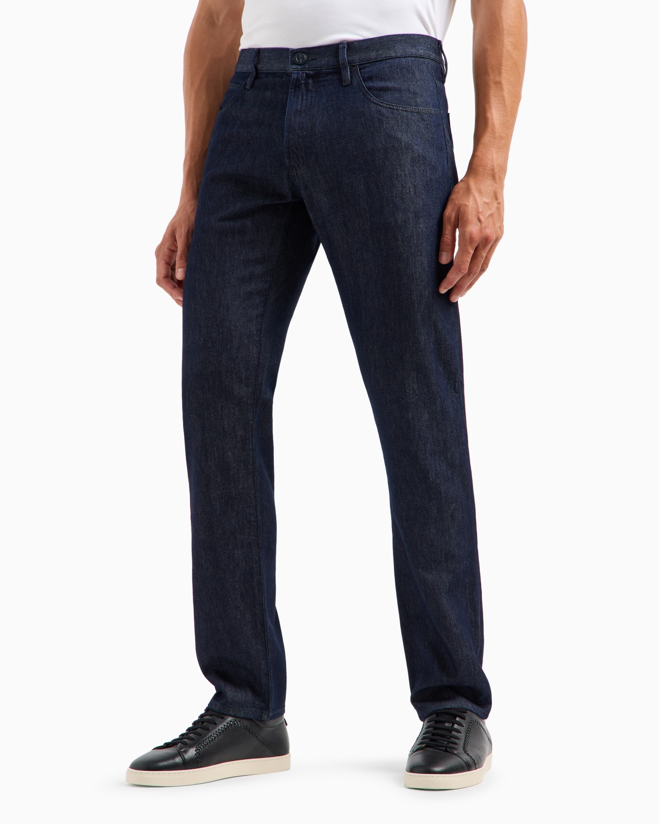 Regular-fit five-pocket cotton-denim and silk trousers Slide 1