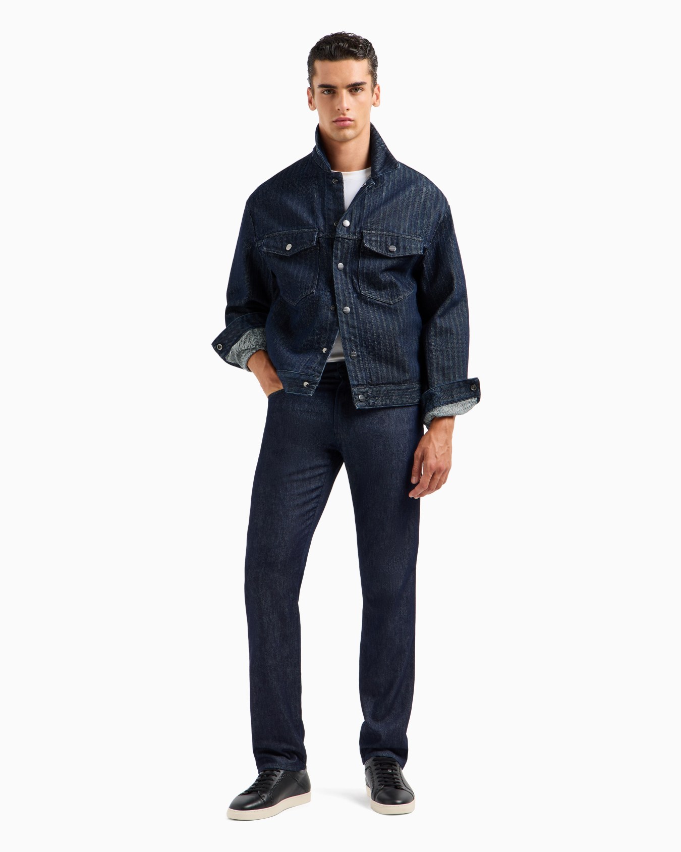 Regular-fit five-pocket cotton-denim and silk trousers Slide 3