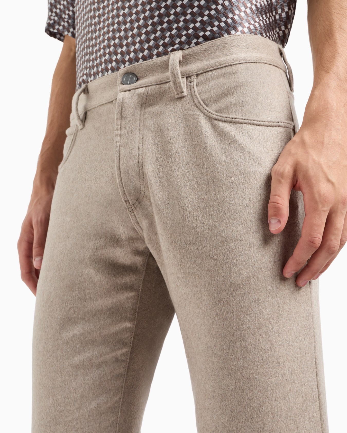 Regular-fit five-pocket cotton-denim and silk trousers Slide 4