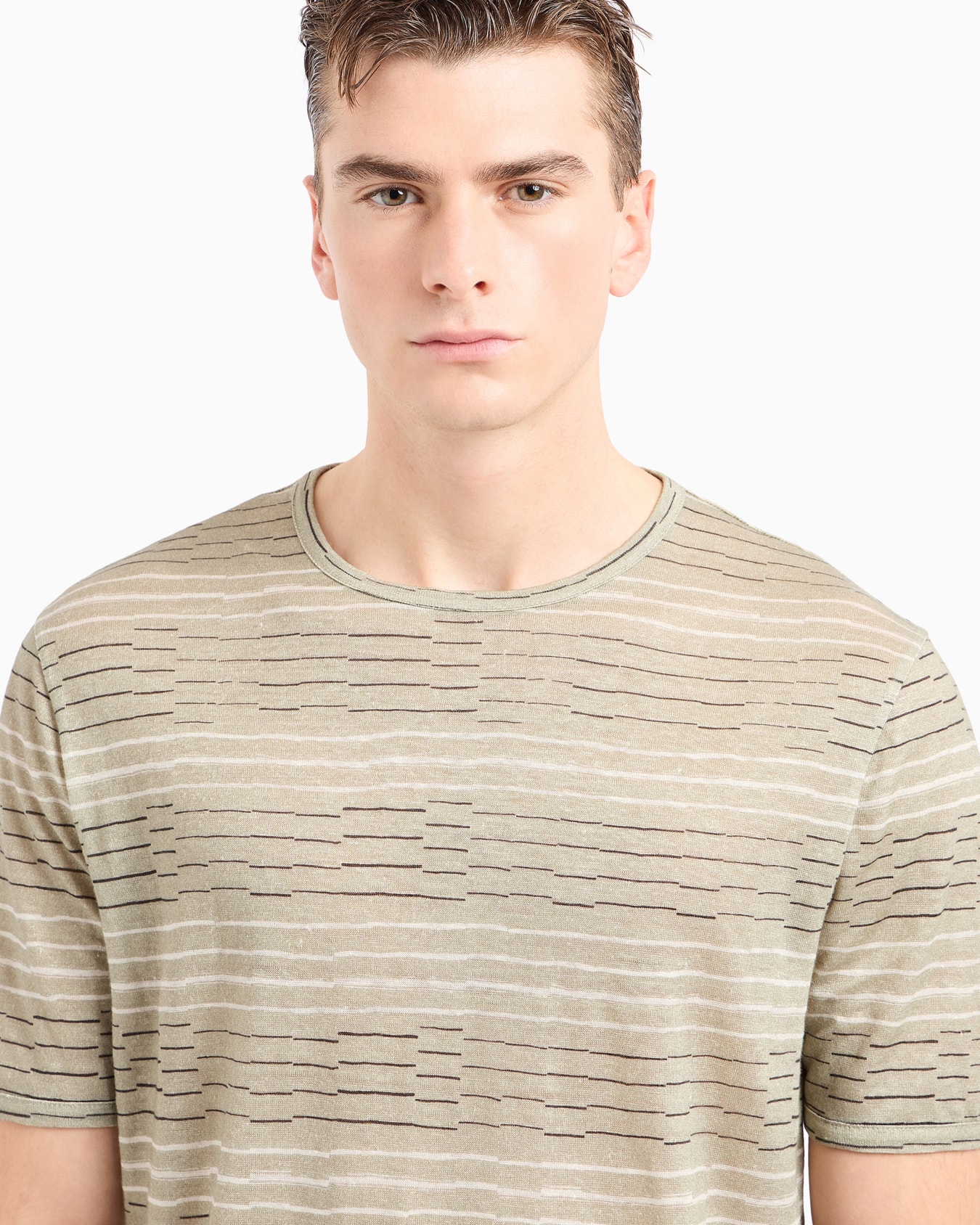 Irregular striped print linen crew-neck T-shirt Slide 5