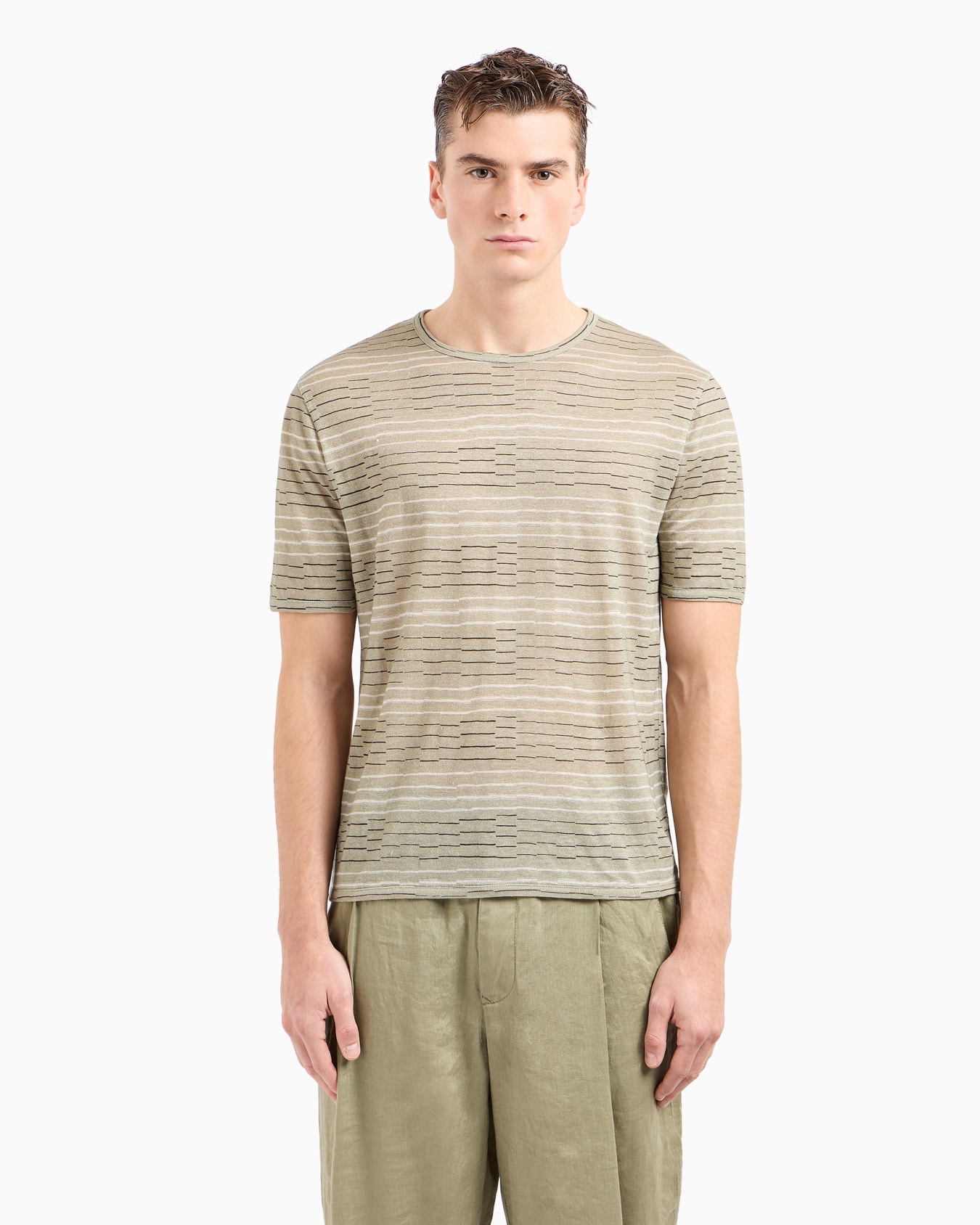 Irregular striped print linen crew-neck T-shirt Slide 2
