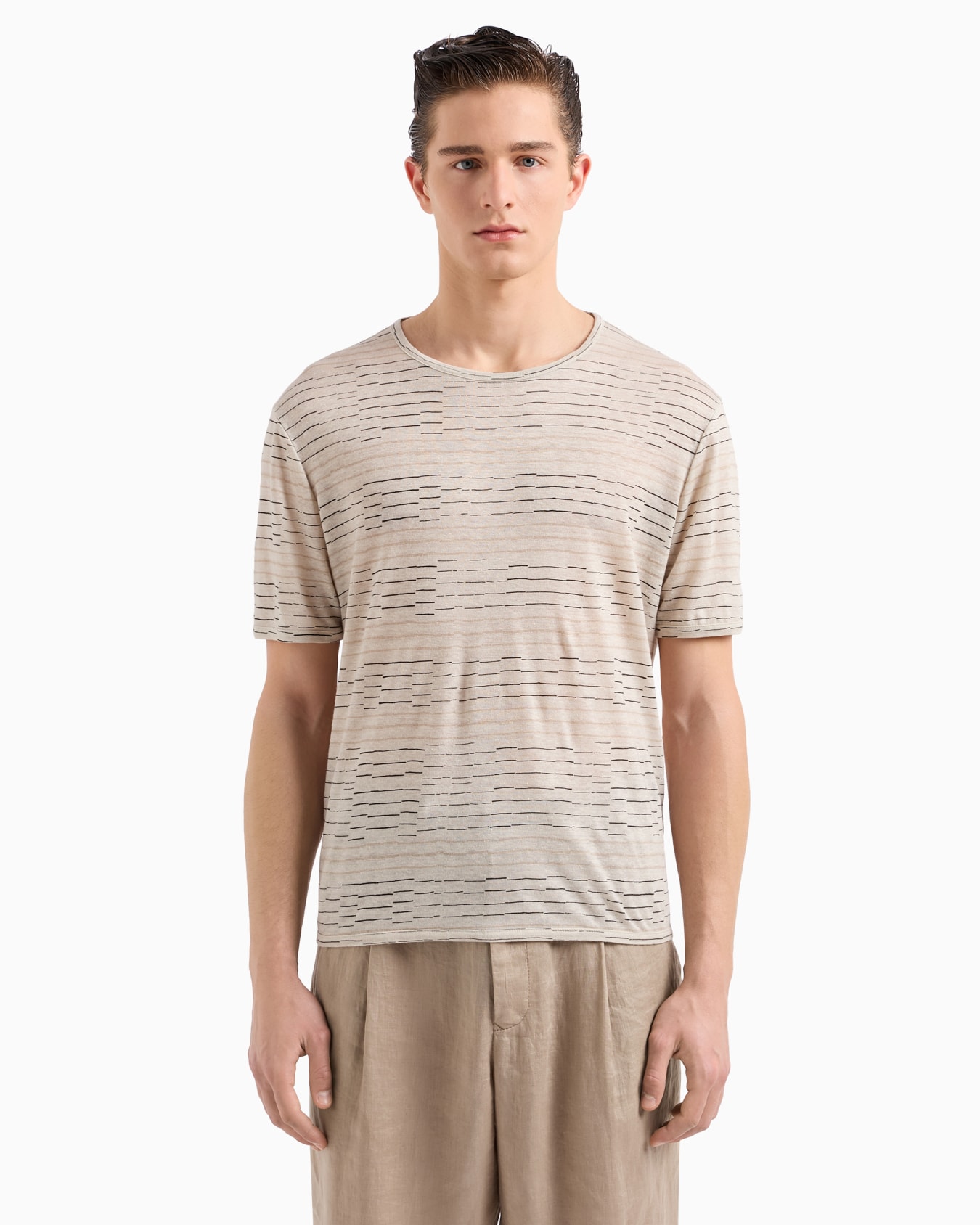 T-Shirt aus Leinen mit Rundhalsausschnitt und Print mit unregelmäßigen Streifen Folie 1