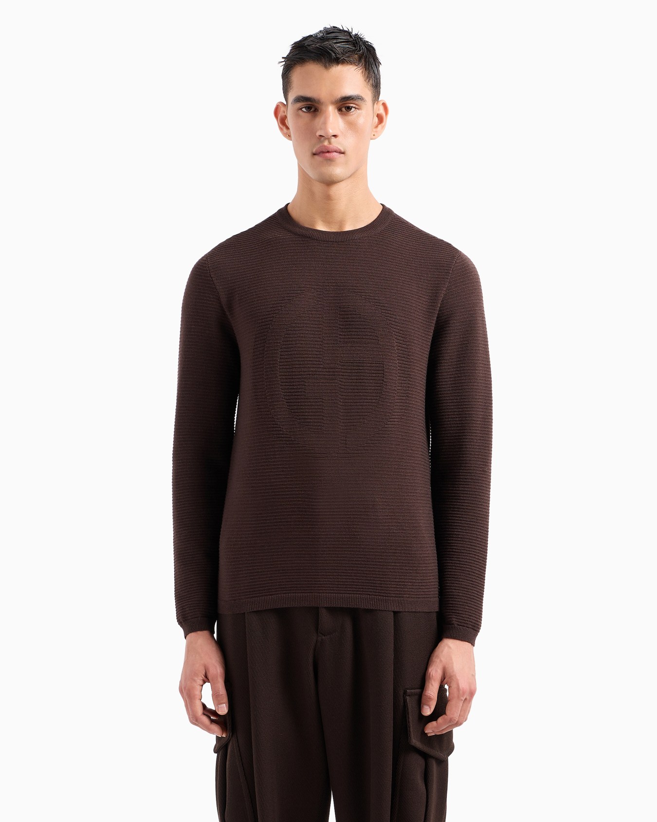 Virgin-wool blend crew-neck jumper with jacquard logo Slide 2