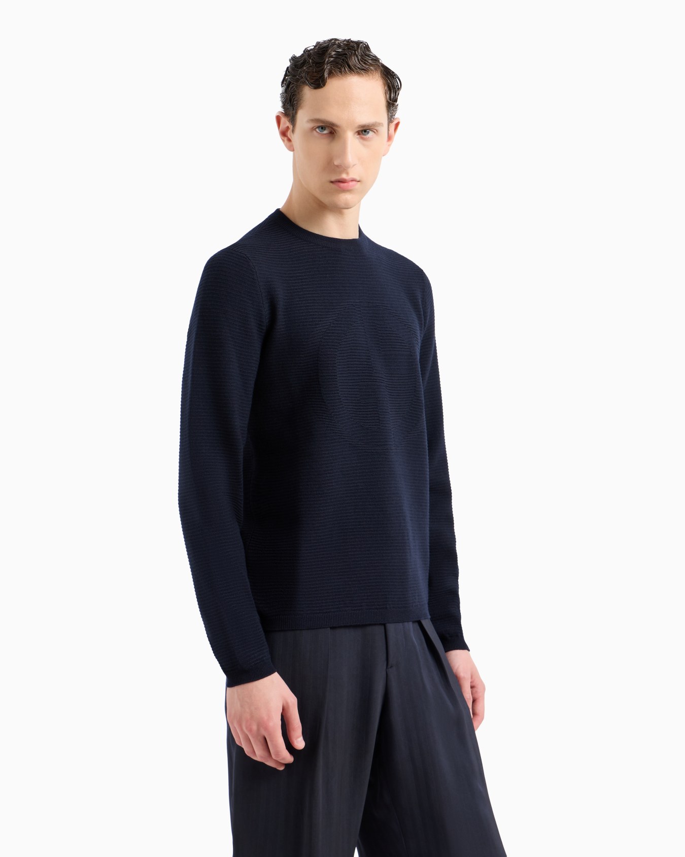Virgin-wool blend crew-neck jumper with jacquard logo Slide 2