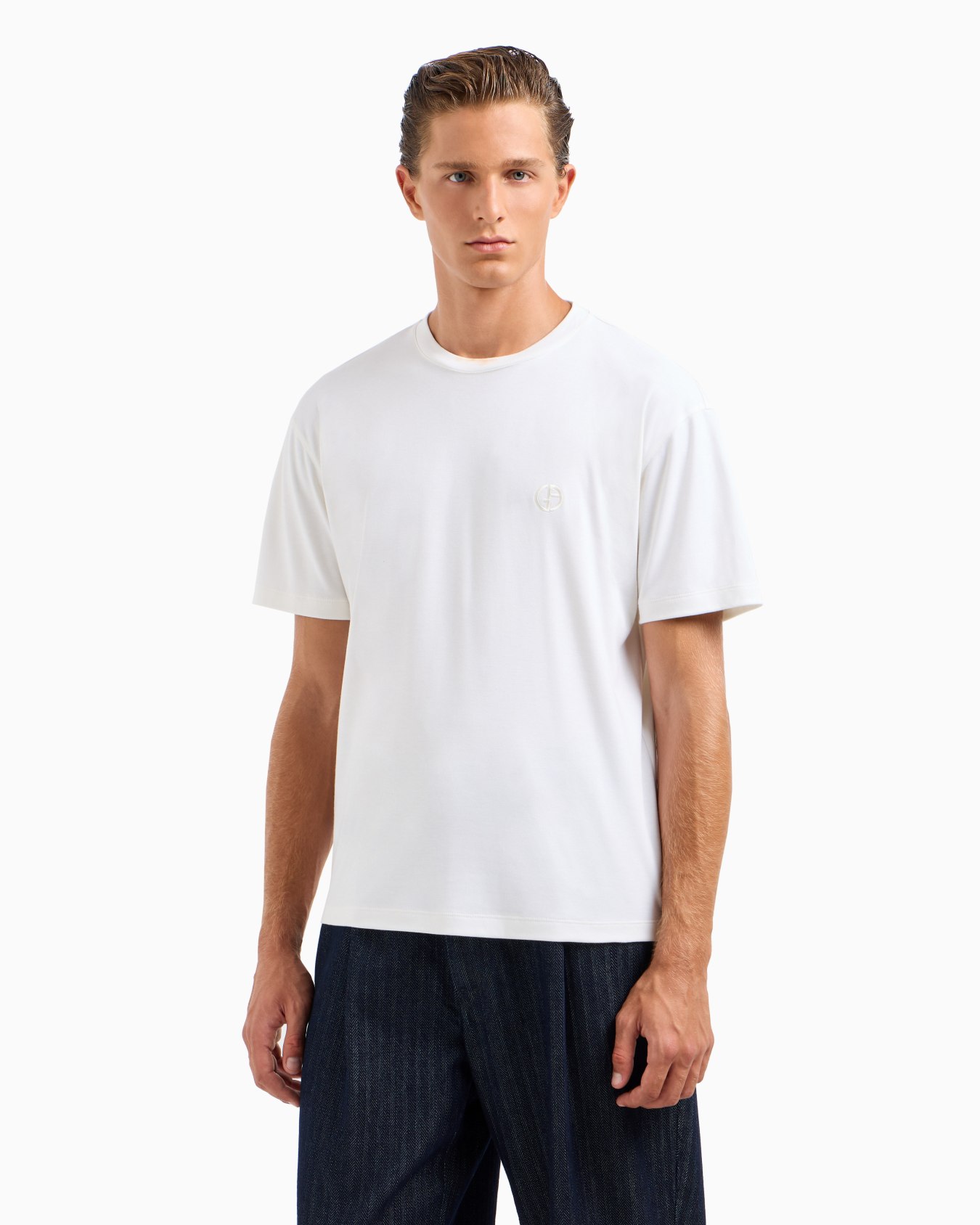 Camiseta de cuello redondo en interlock de algodón y cachemir Diapositiva 1