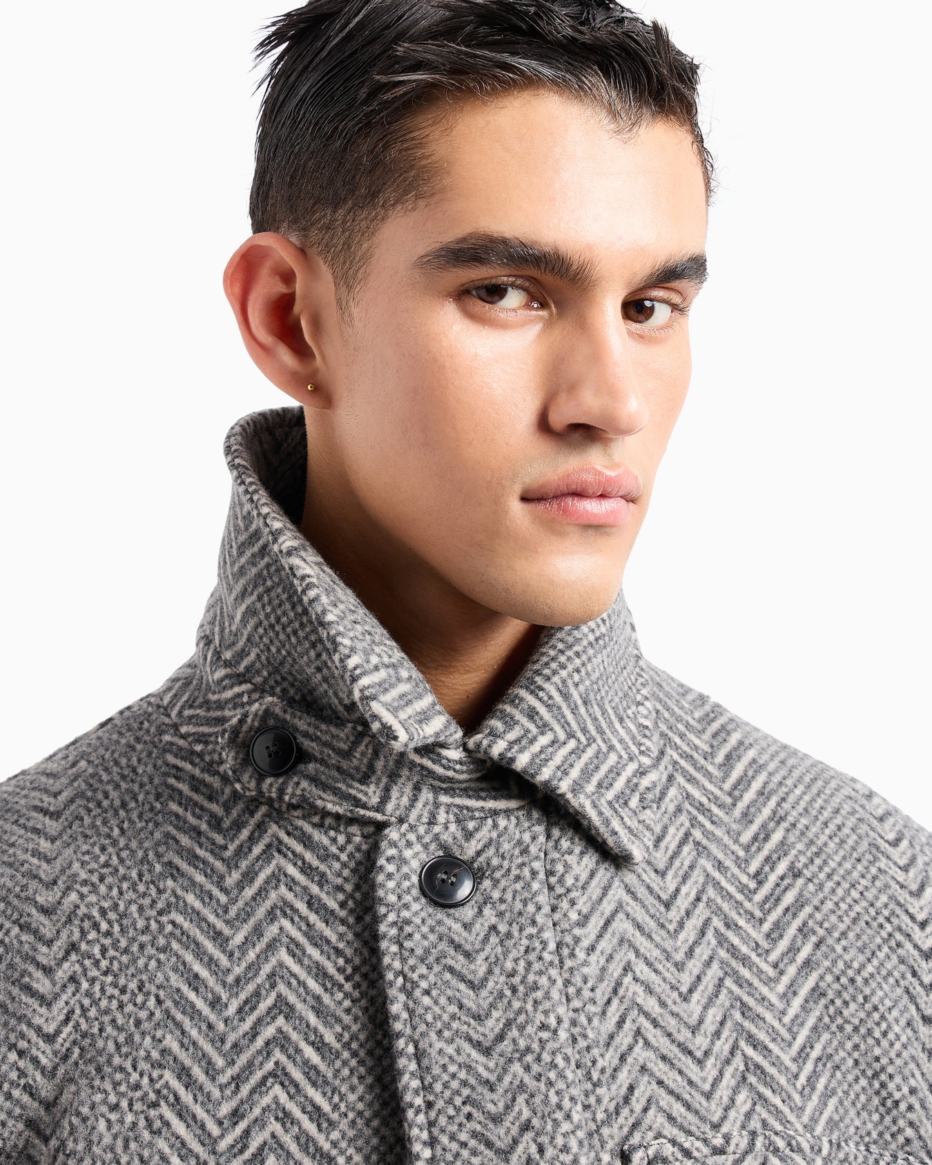 Langer Mantel aus Schurwolle und Kaschmir mit Zickzack-Muster in Jacquard-Stoff-Verarbeitung Folie 5