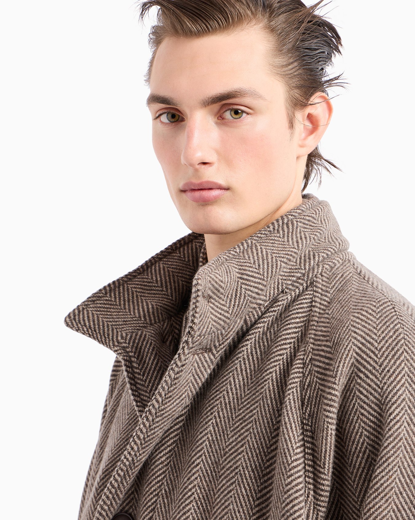 Langer Mantel aus Kaschmir-Mischung mit Fischgrat-Muster in Jacquard-Stoff-Verarbeitung Folie 5
