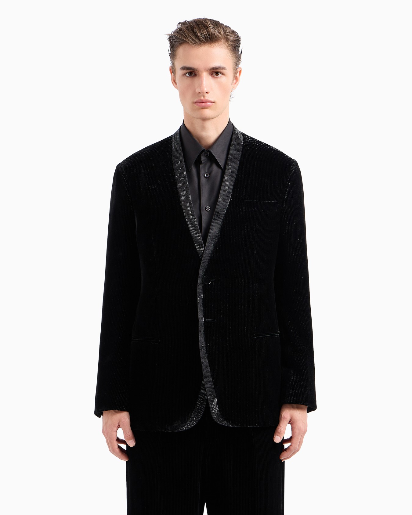 Giorgio’s single-breasted, tuxedo jacket in shiny pinstriped velvet Slide 2
