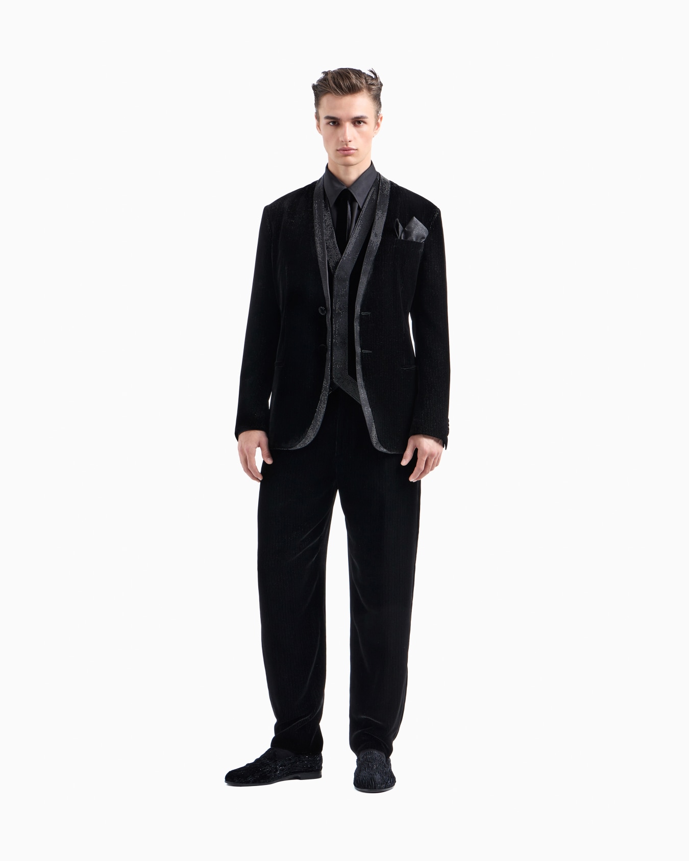 Giorgio’s single-breasted, tuxedo jacket in shiny pinstriped velvet Slide 2