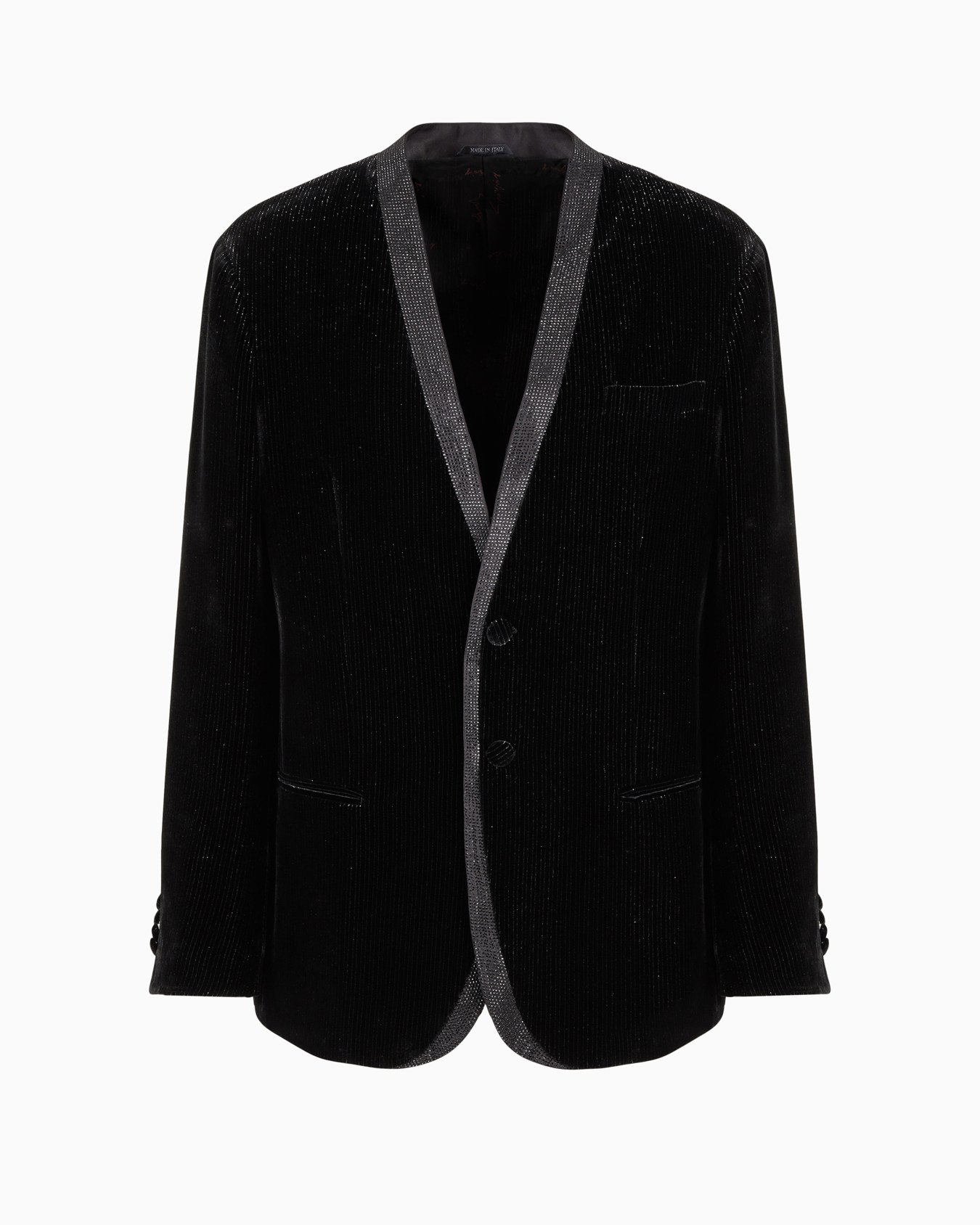 Giorgio’s single-breasted, tuxedo jacket in shiny pinstriped velvet Slide 0