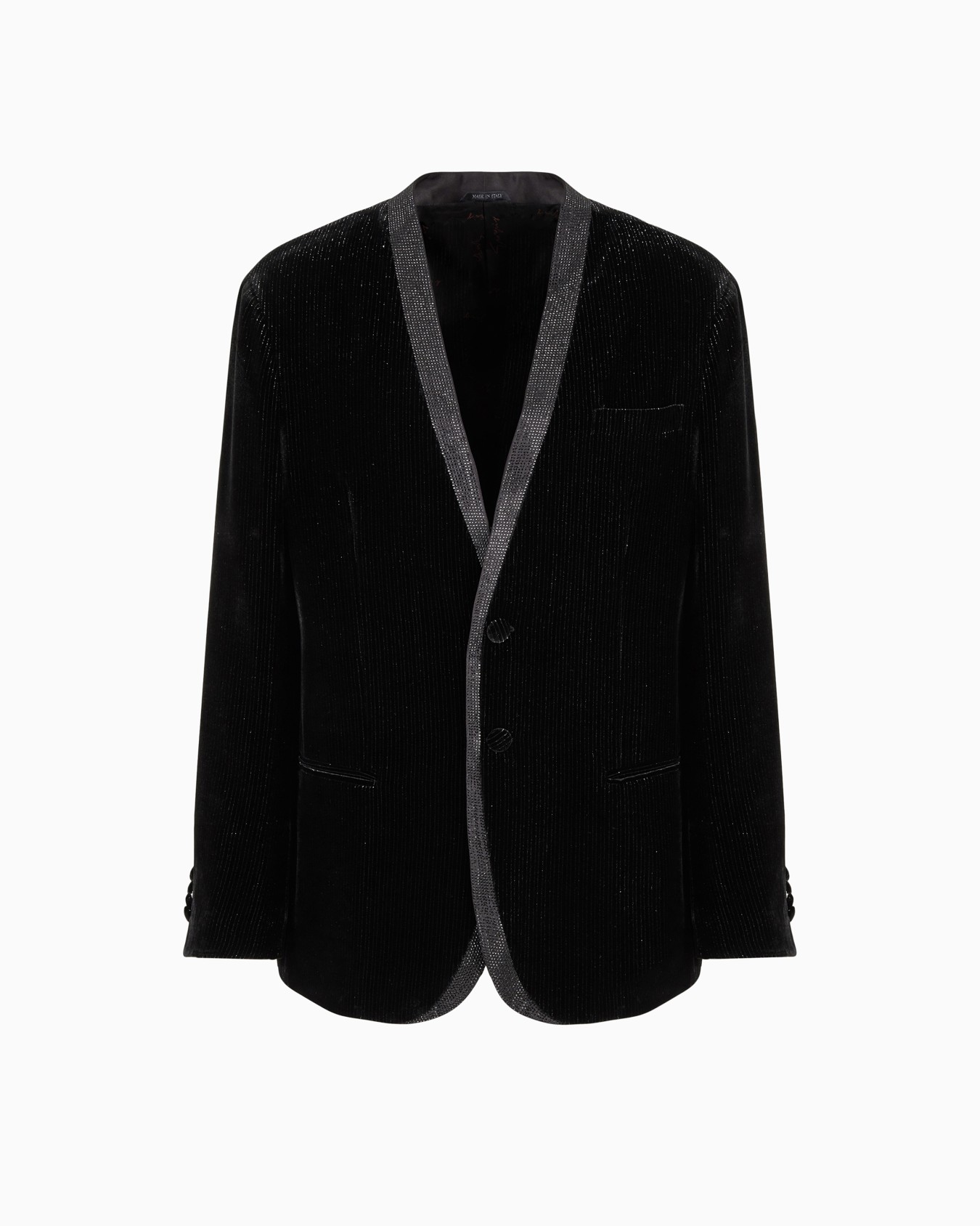 Giorgio’s single-breasted, tuxedo jacket in shiny pinstriped velvet Slide 0