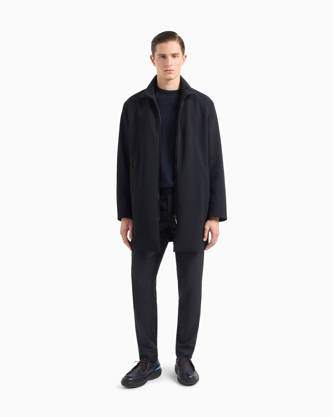 Long technical wool pea coat Slide 1