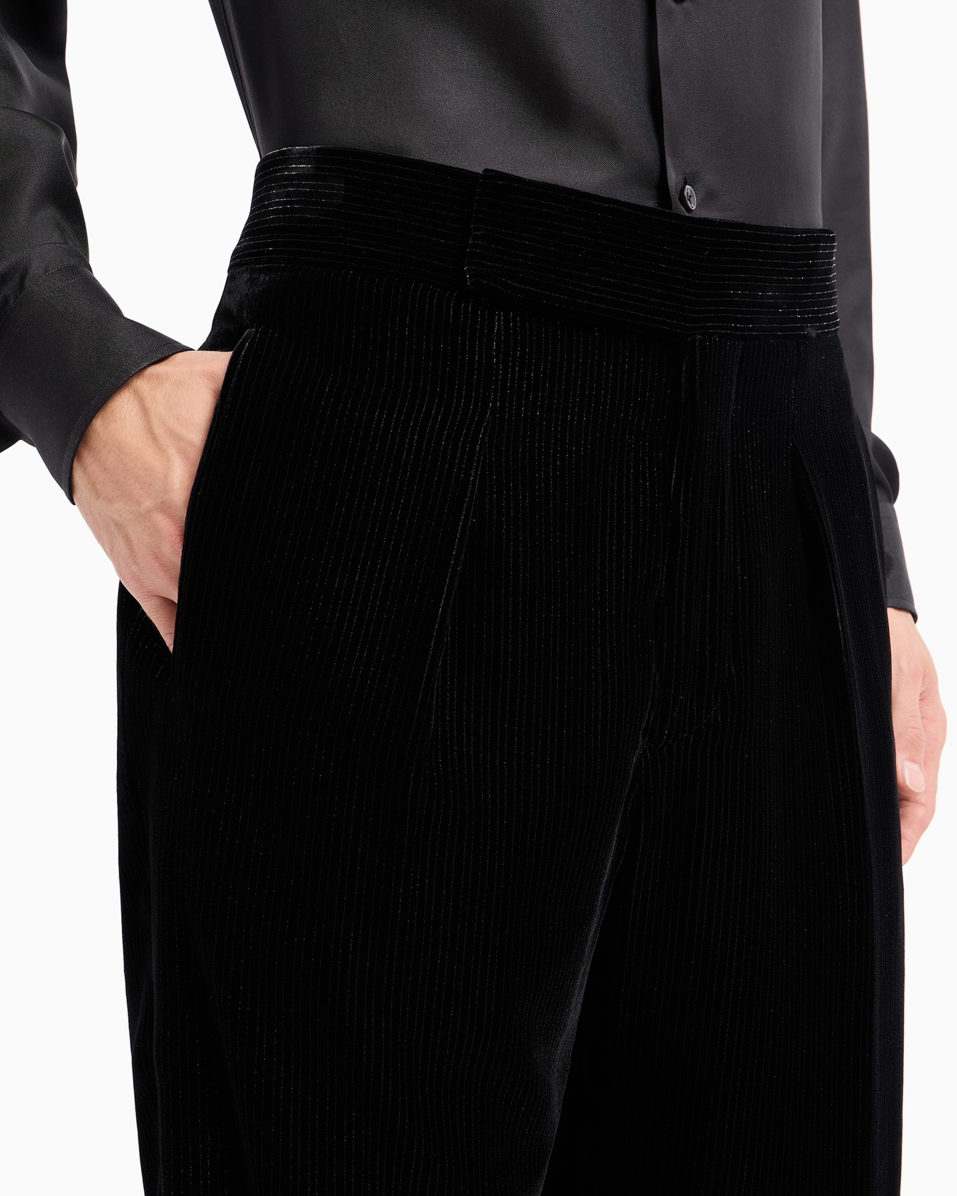 Giorgio's shiny, pinstriped velvet single-pleat trousers Slide 5