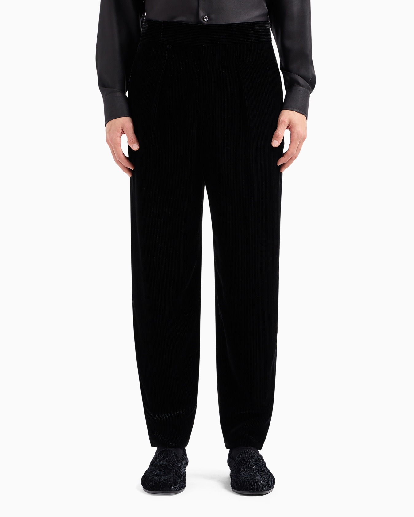 Giorgio's shiny, pinstriped velvet single-pleat trousers Slide 4