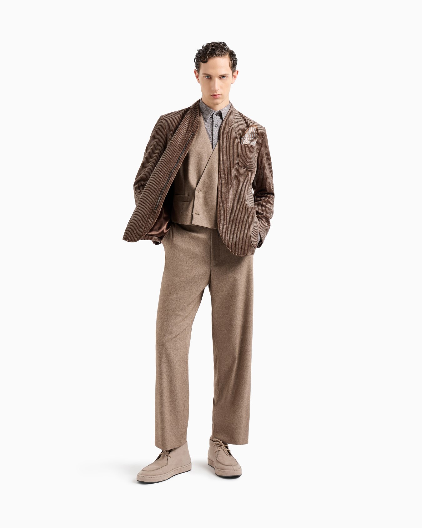 Double breasted waistcoat in denim-effect virgin wool and cashmere Slide 1