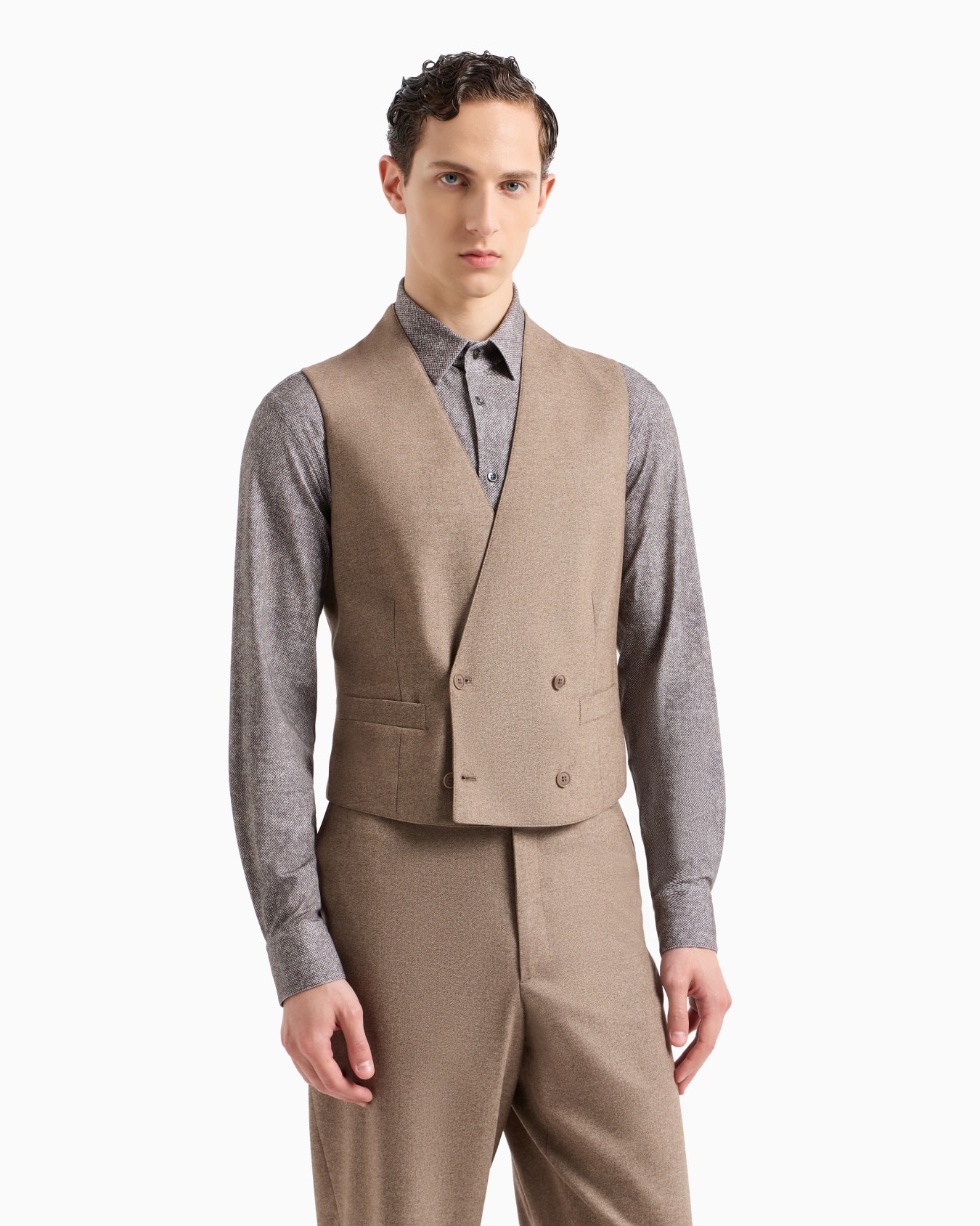 Double breasted waistcoat in denim-effect virgin wool and cashmere Slide 3
