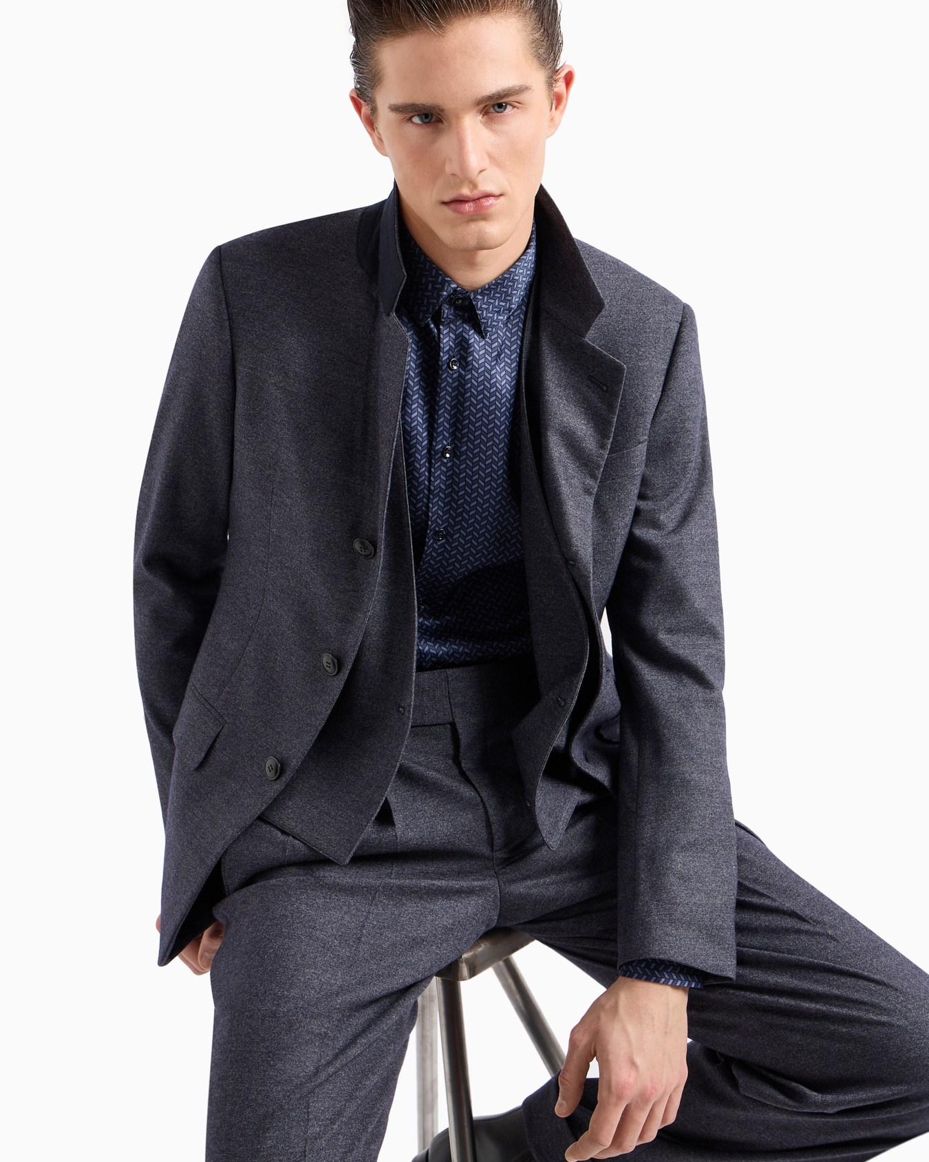 Double breasted waistcoat in denim-effect virgin wool and cashmere Slide 5
