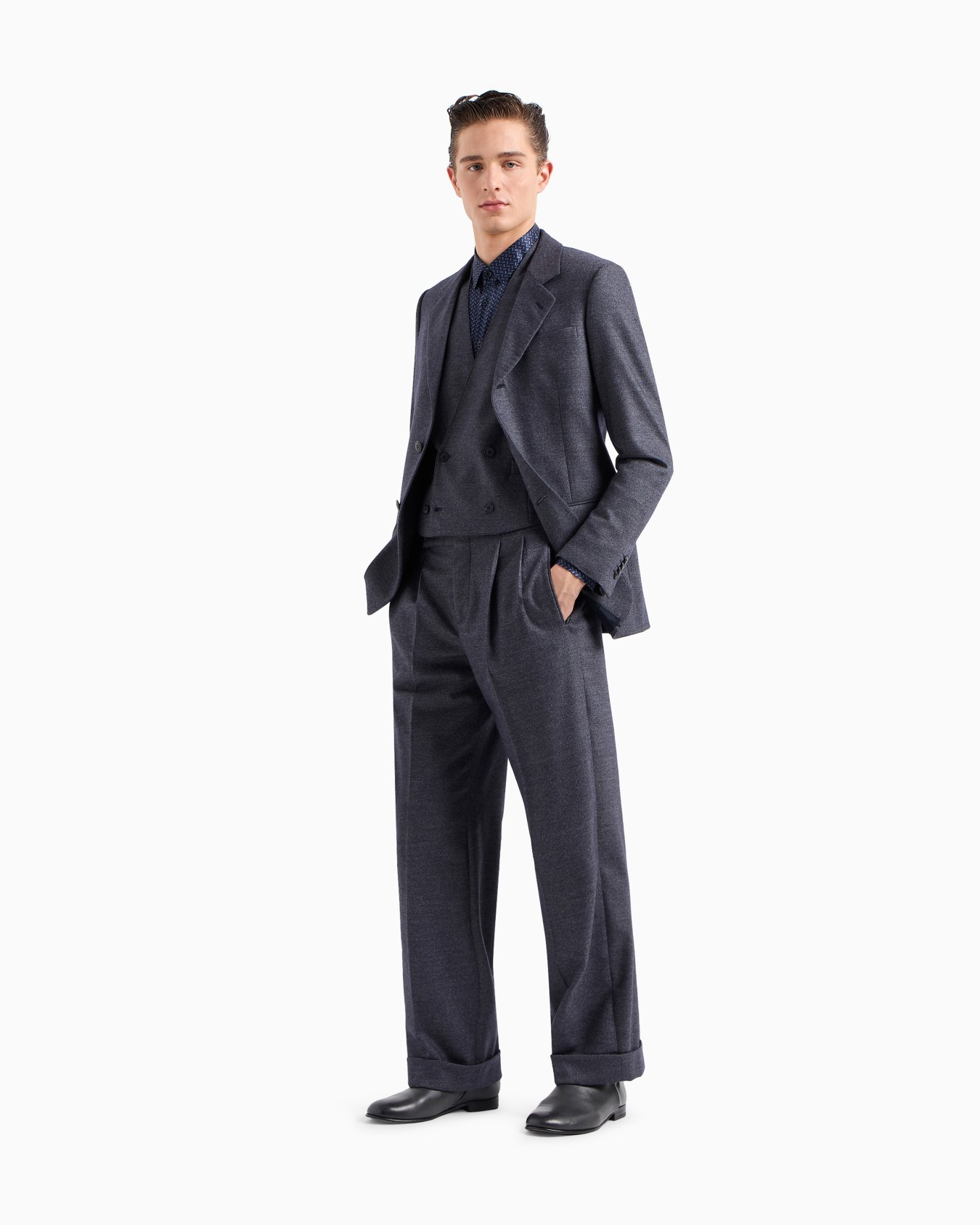 Double breasted waistcoat in denim-effect virgin wool and cashmere Slide 1