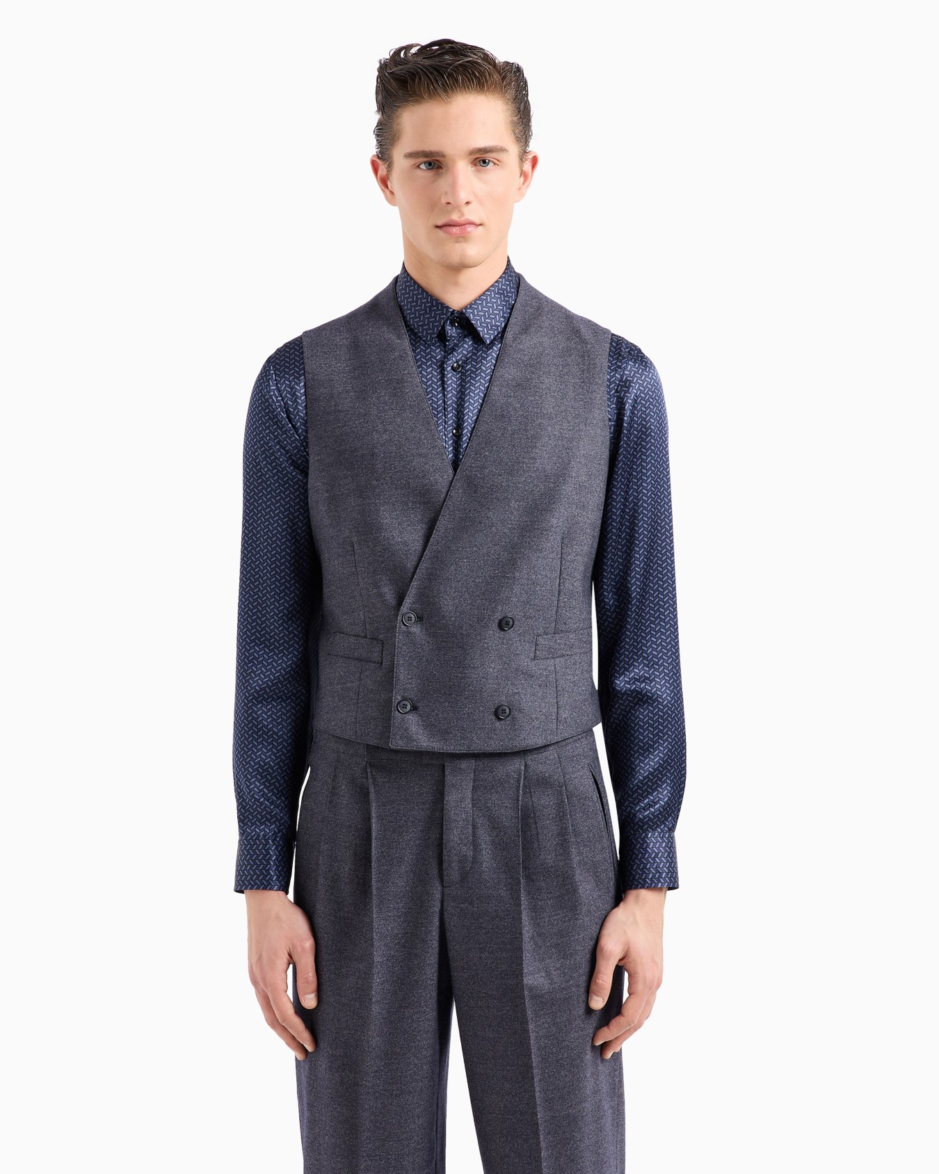 Double breasted waistcoat in denim-effect virgin wool and cashmere Slide 3
