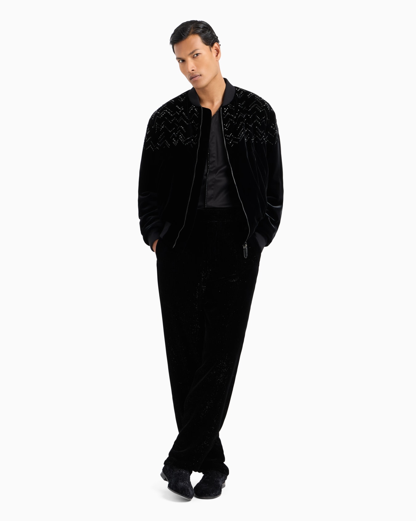 Giorgio’s velvet bomber jacket with applied rhinestones Slide 3