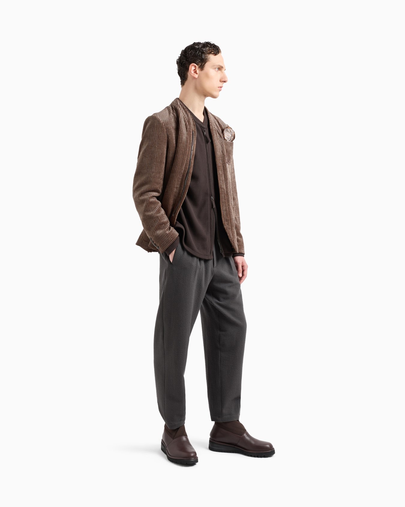 Pantalon à une pince en laine vierge et cachemire seersucker Diapositive 1