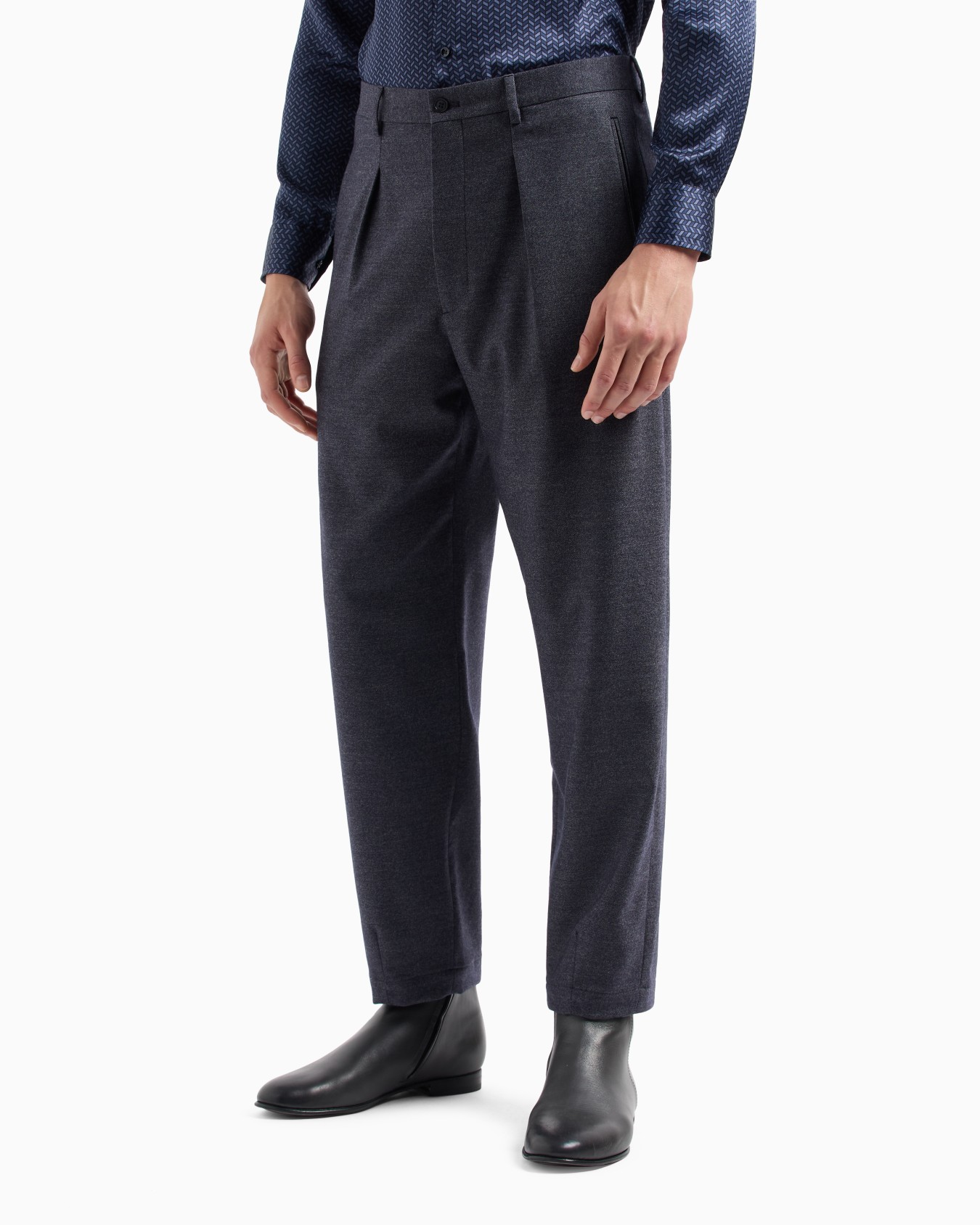 Single-pleat, denim-effect virgin wool and cashmere trousers Slide 1