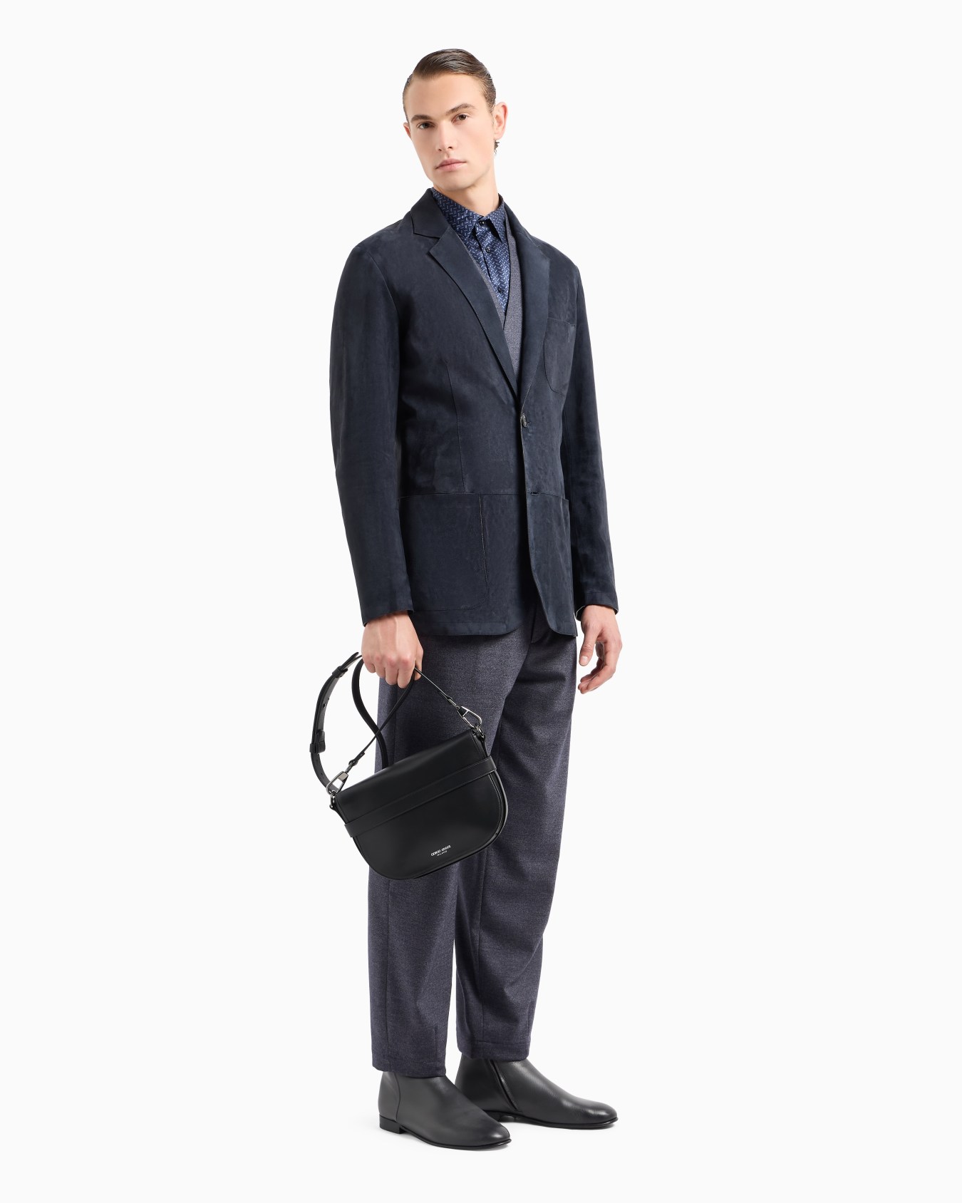 Single-pleat, denim-effect virgin wool and cashmere trousers Slide 3