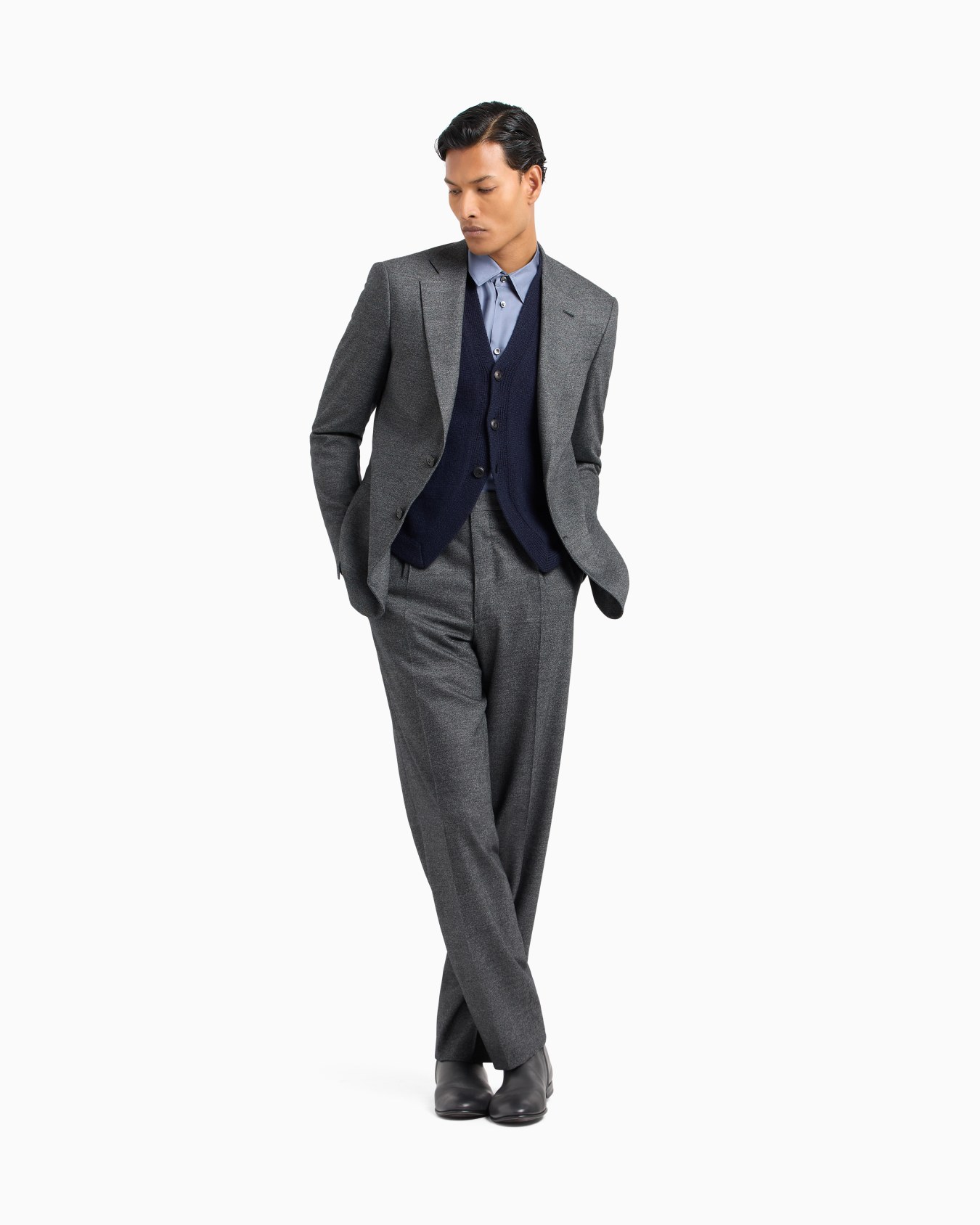 Soho Line single-breasted suit in denim-effect virgin wool and cashmere Slide 1