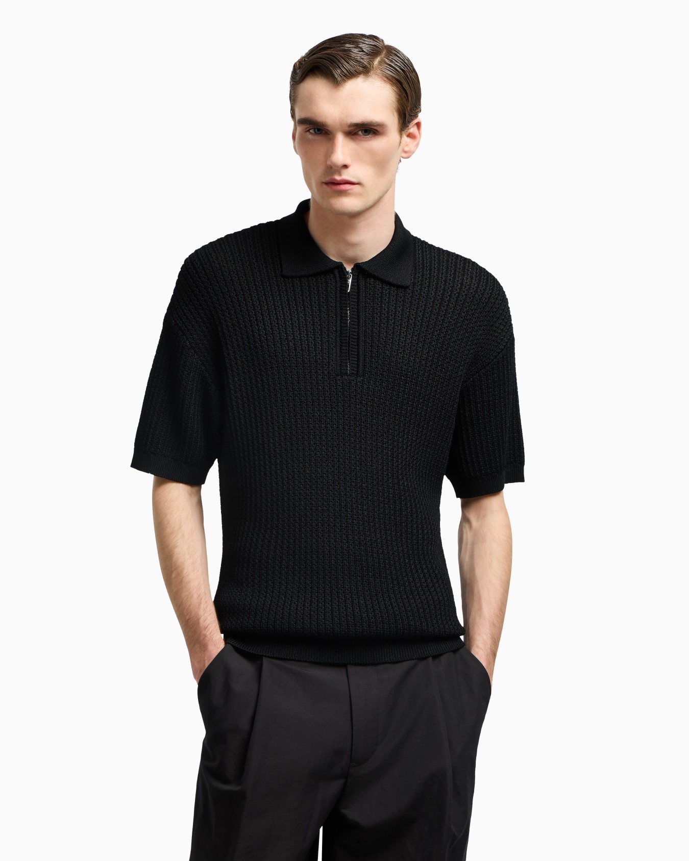 Short-sleeved polo shirt in a ribbed viscose blend Slide 3