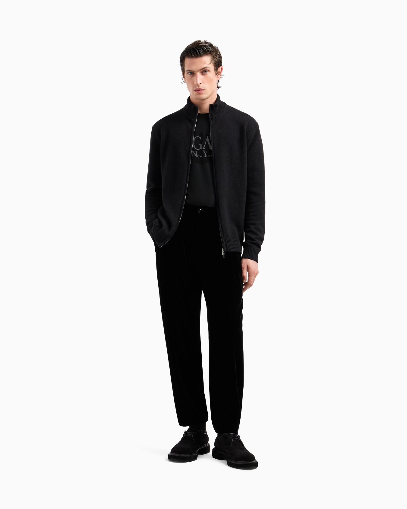 Viscose crew-neck T-shirt with a velvet insert Slide 1