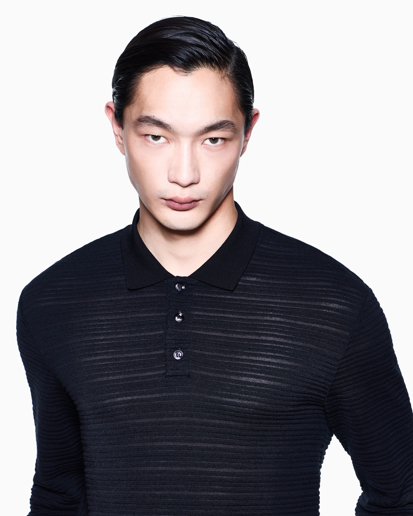 Long-sleeved polo shirt in wool jersey with a stripe motif Slide 4