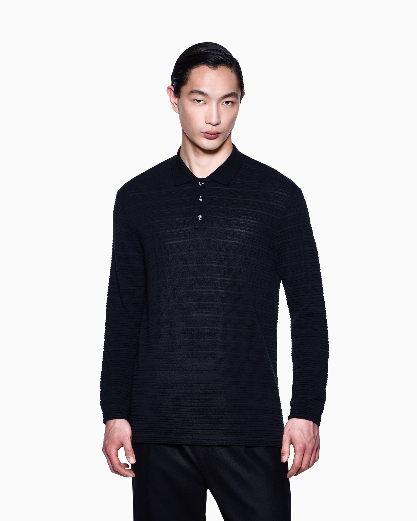 Long-sleeved polo shirt in wool jersey with a stripe motif Slide 3