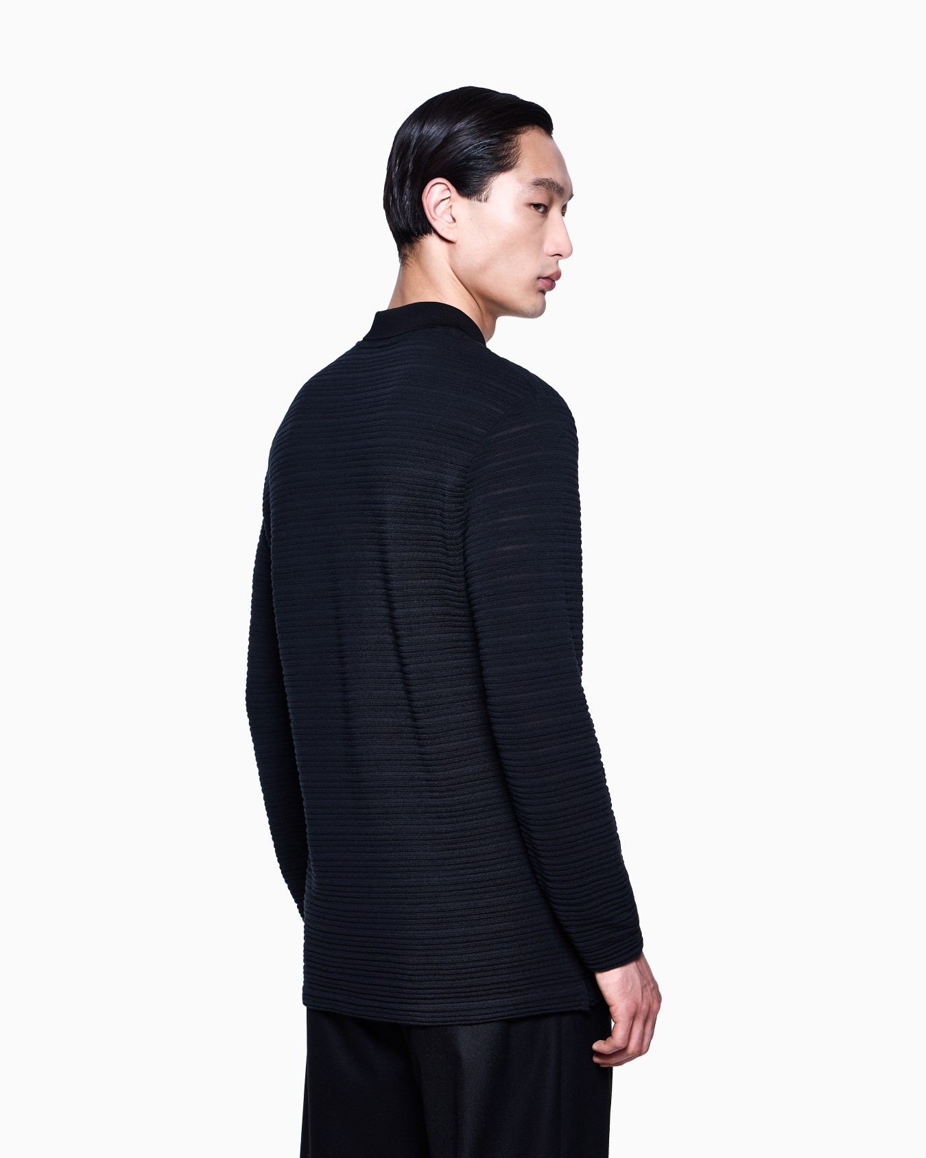 Long-sleeved polo shirt in wool jersey with a stripe motif Slide 2