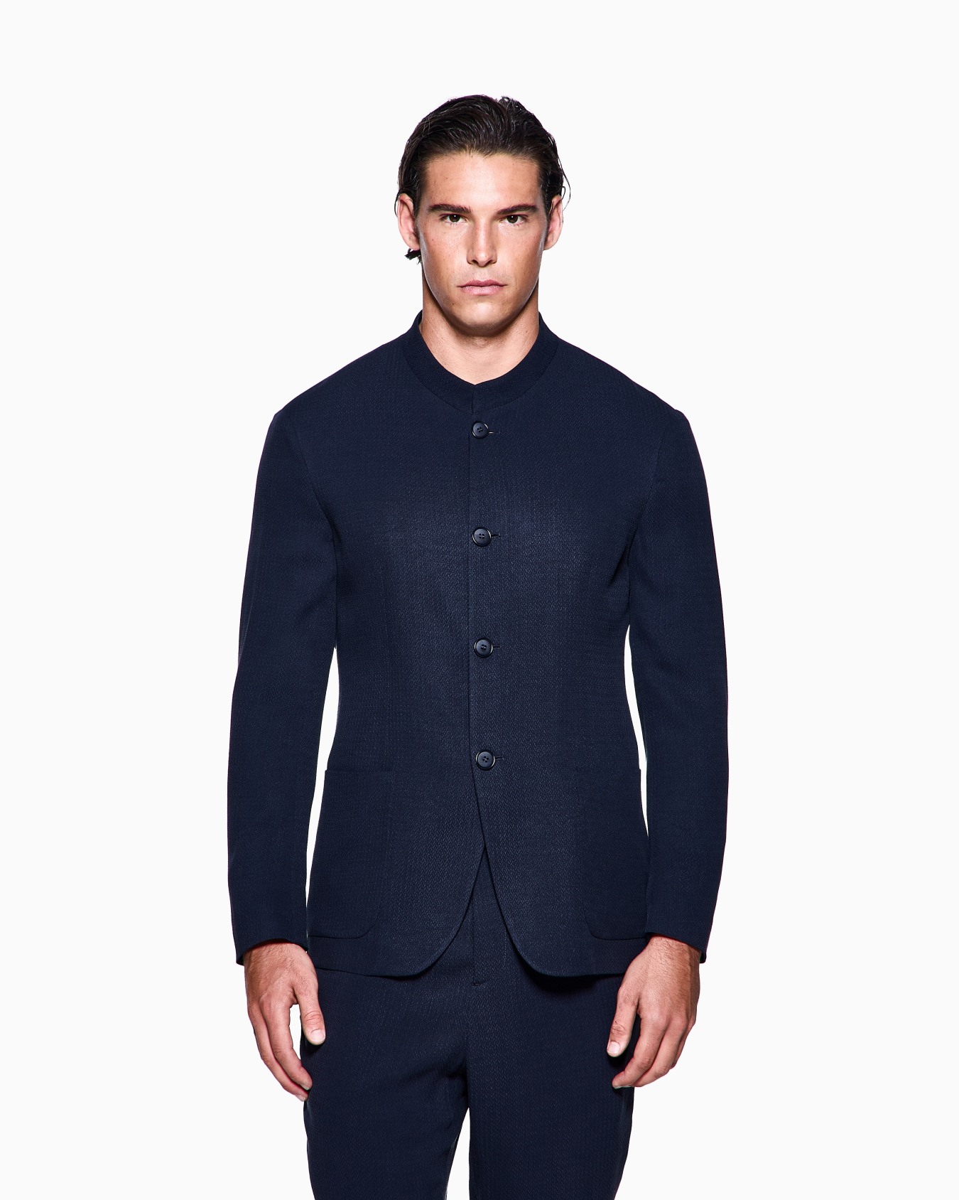 Cupro and viscose single-breasted jacket with a micro chevron motif Slide 3