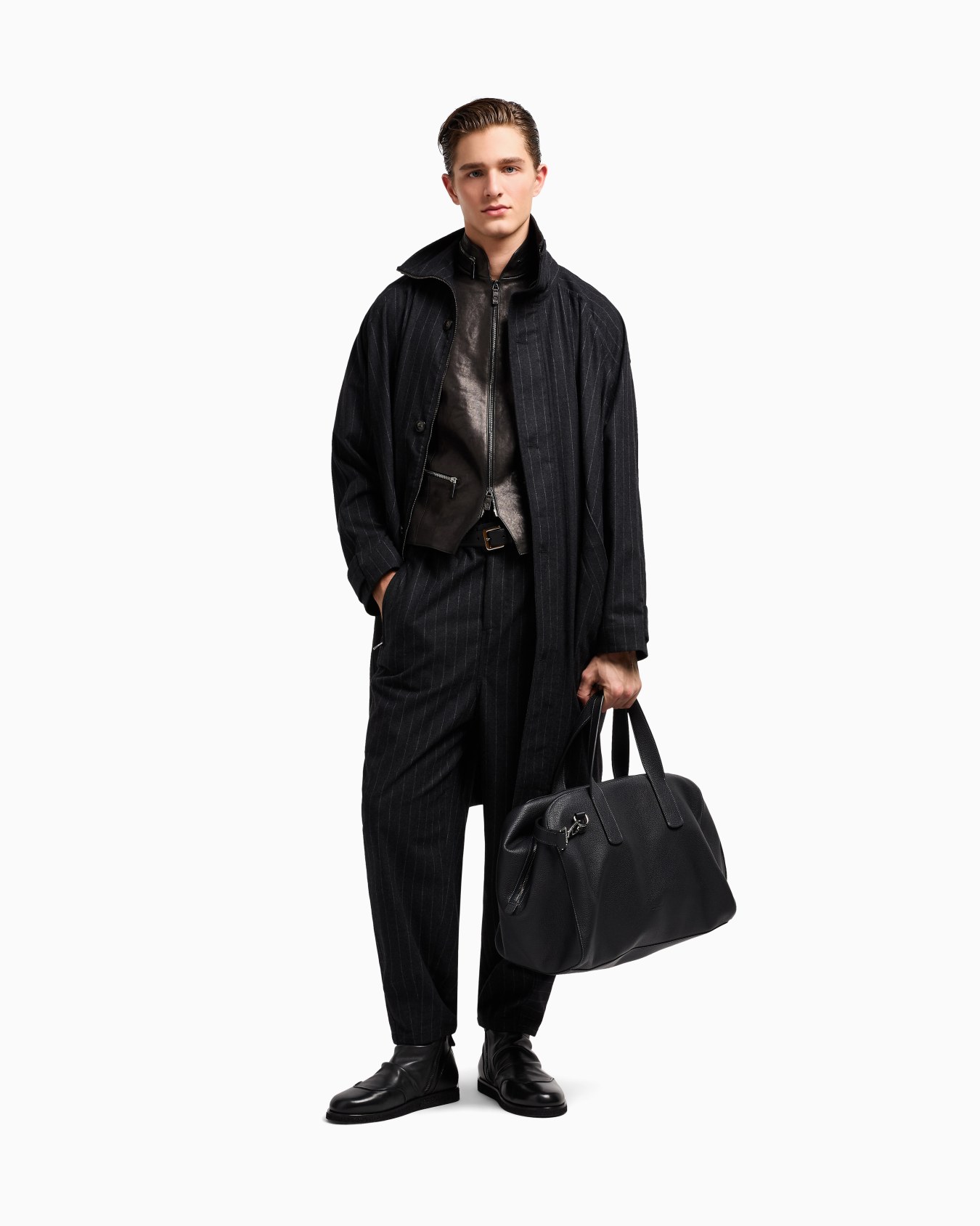 ノータックパンツ カシミア混紡 ピンストライプ スライドする 2