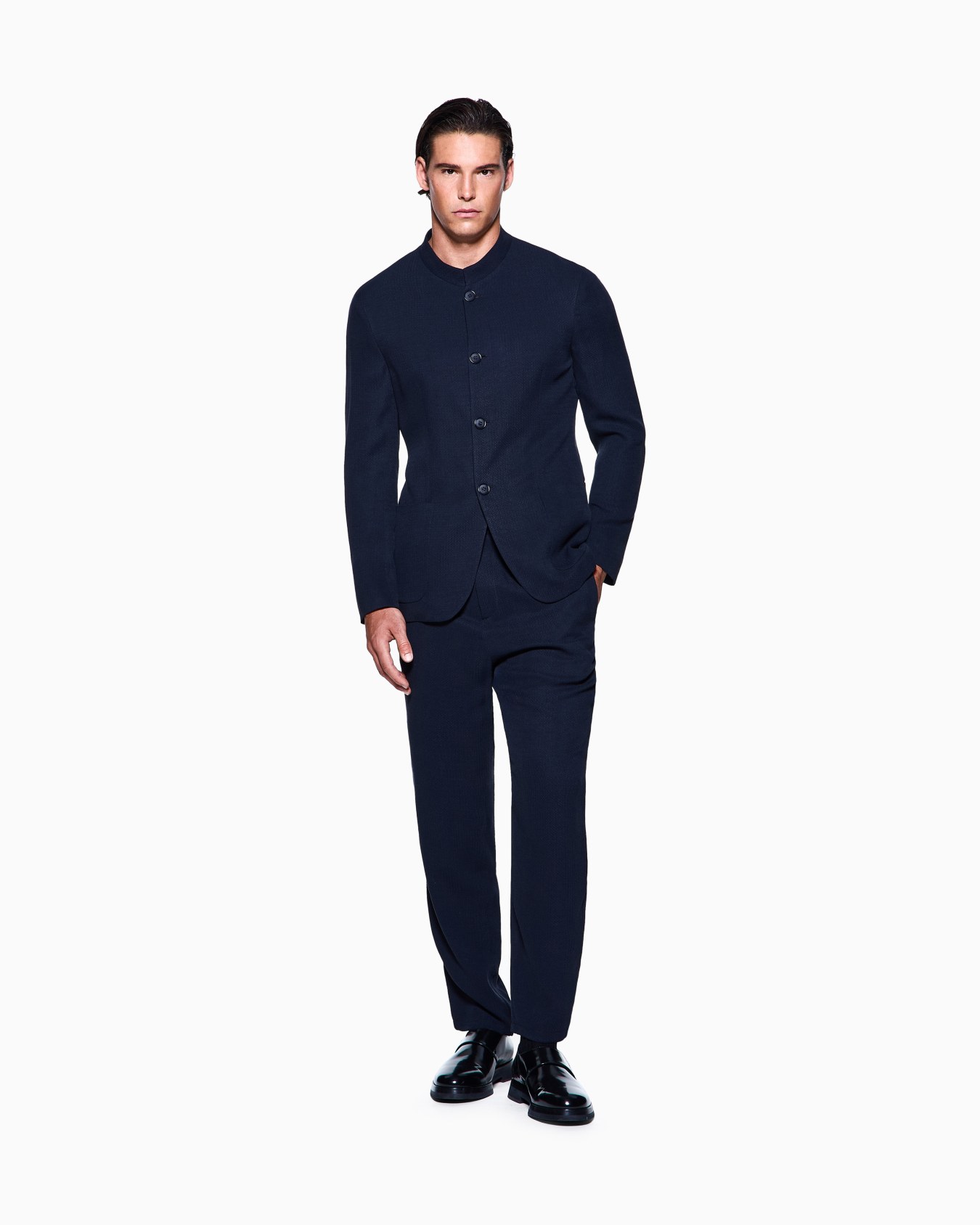 Cupro and viscose flat-front trousers with a micro chevron motif Slide 1