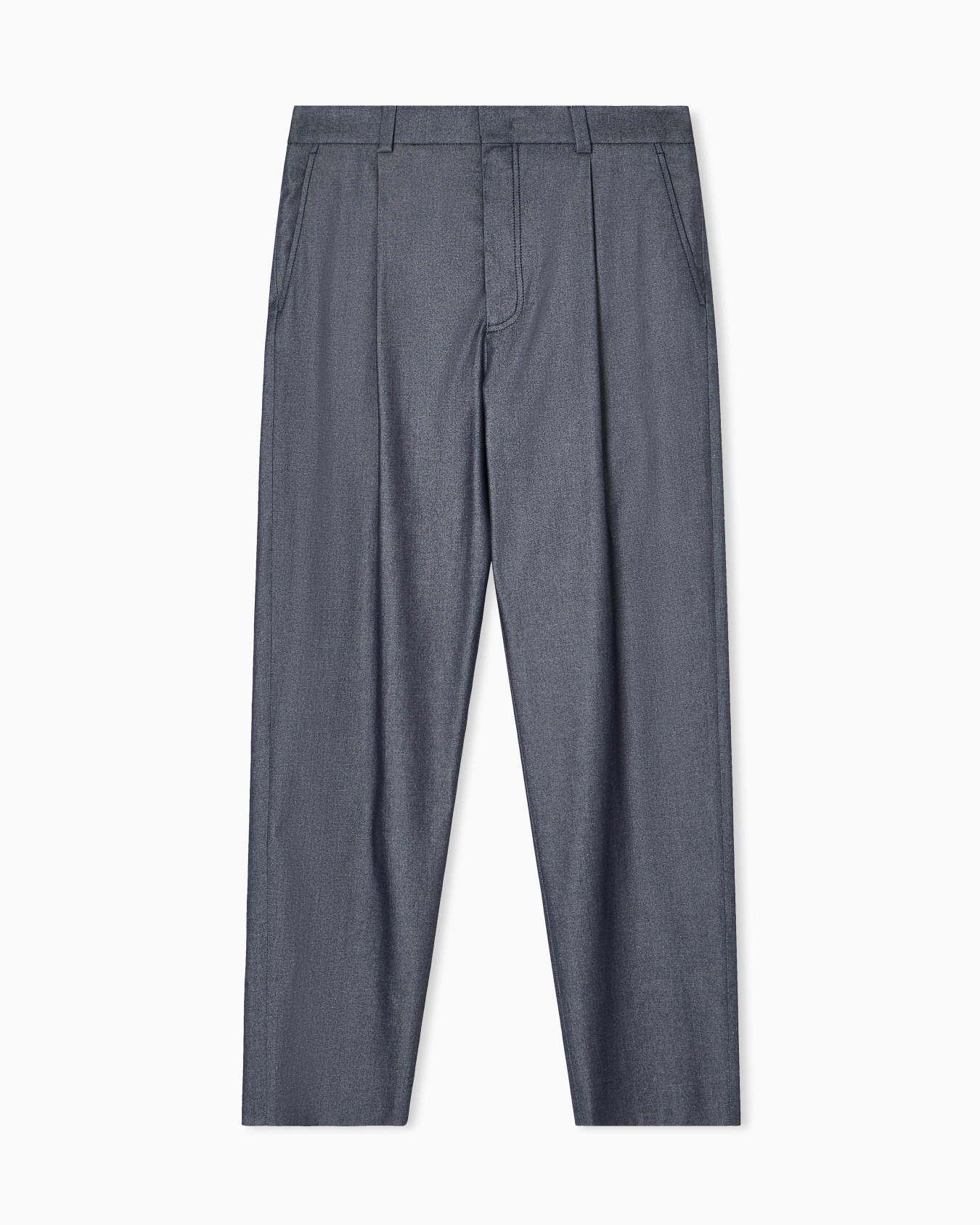 Single-pleat trousers in denim-effect cotton and silk Slide 0