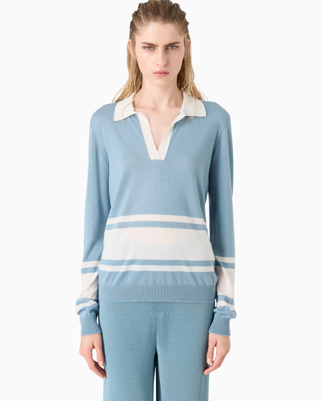 Long-sleeved cashmere and silk polo shirt Slide 1