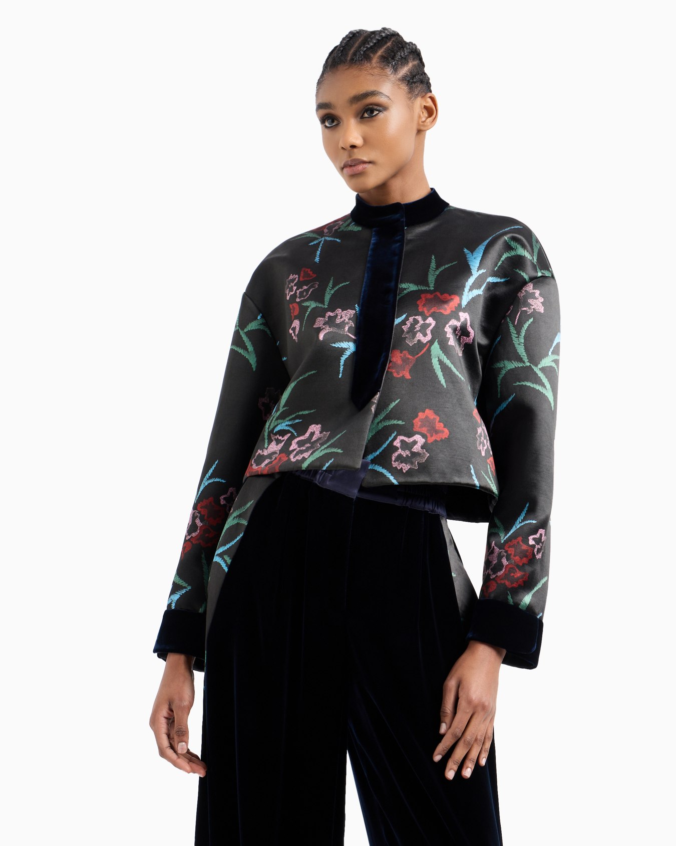 Veste courte en soie et lin à imprimé floral Diapositive 2
