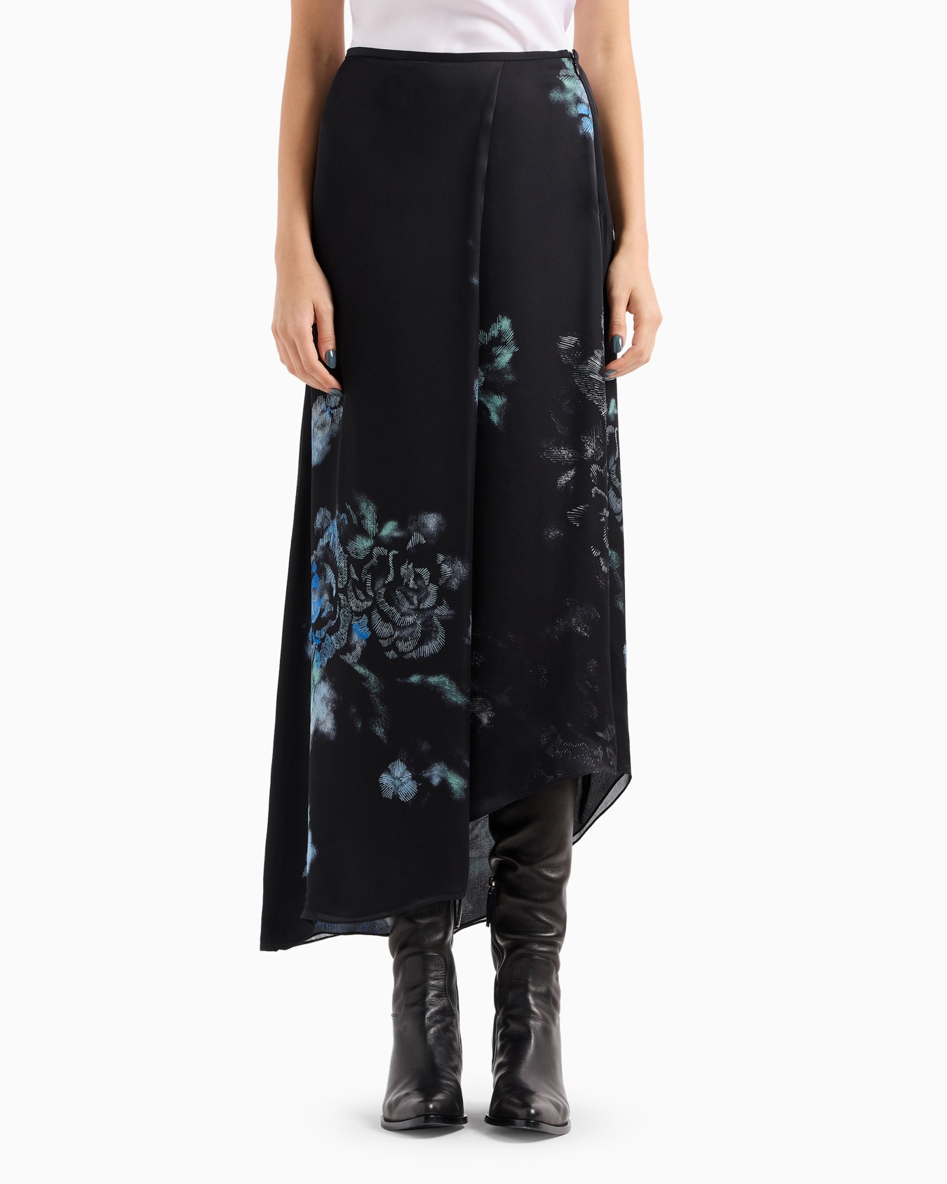 Silk charmeuse organza asymmetric skirt with a floral print Slide 2