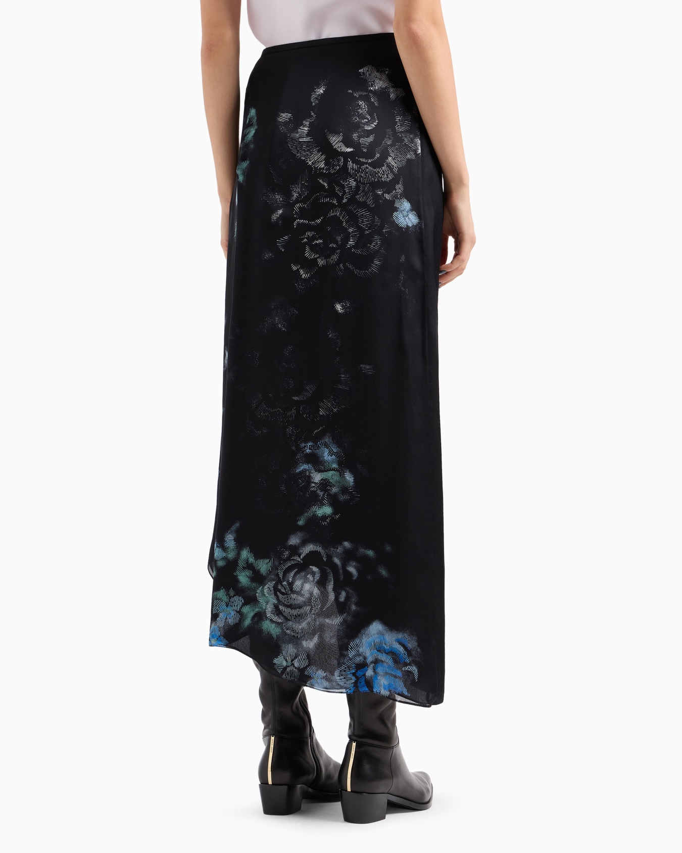 Silk charmeuse organza asymmetric skirt with a floral print Slide 3
