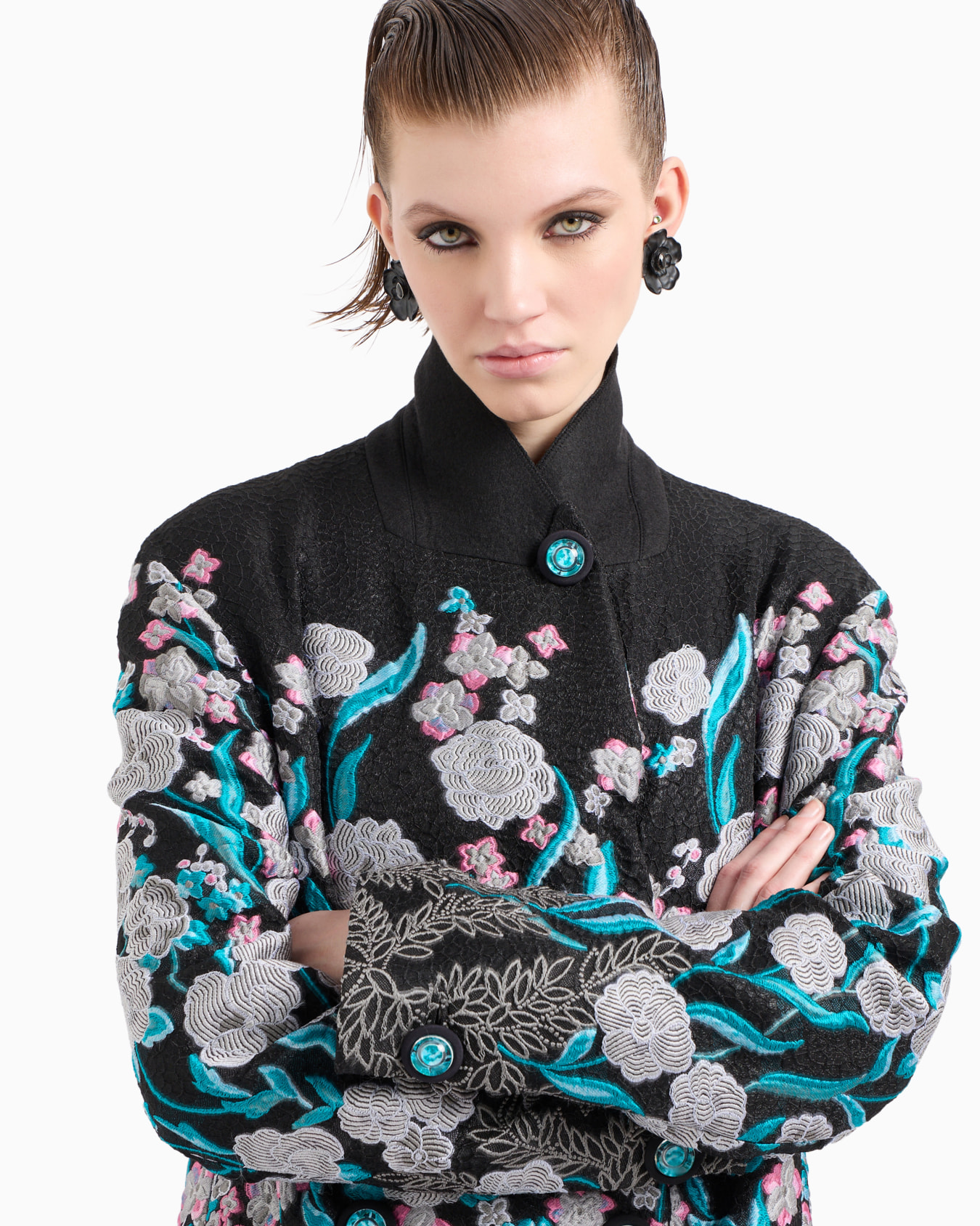 Manteau long à double boutonnage avec broderie de fleurs et ramage Diapositive 5