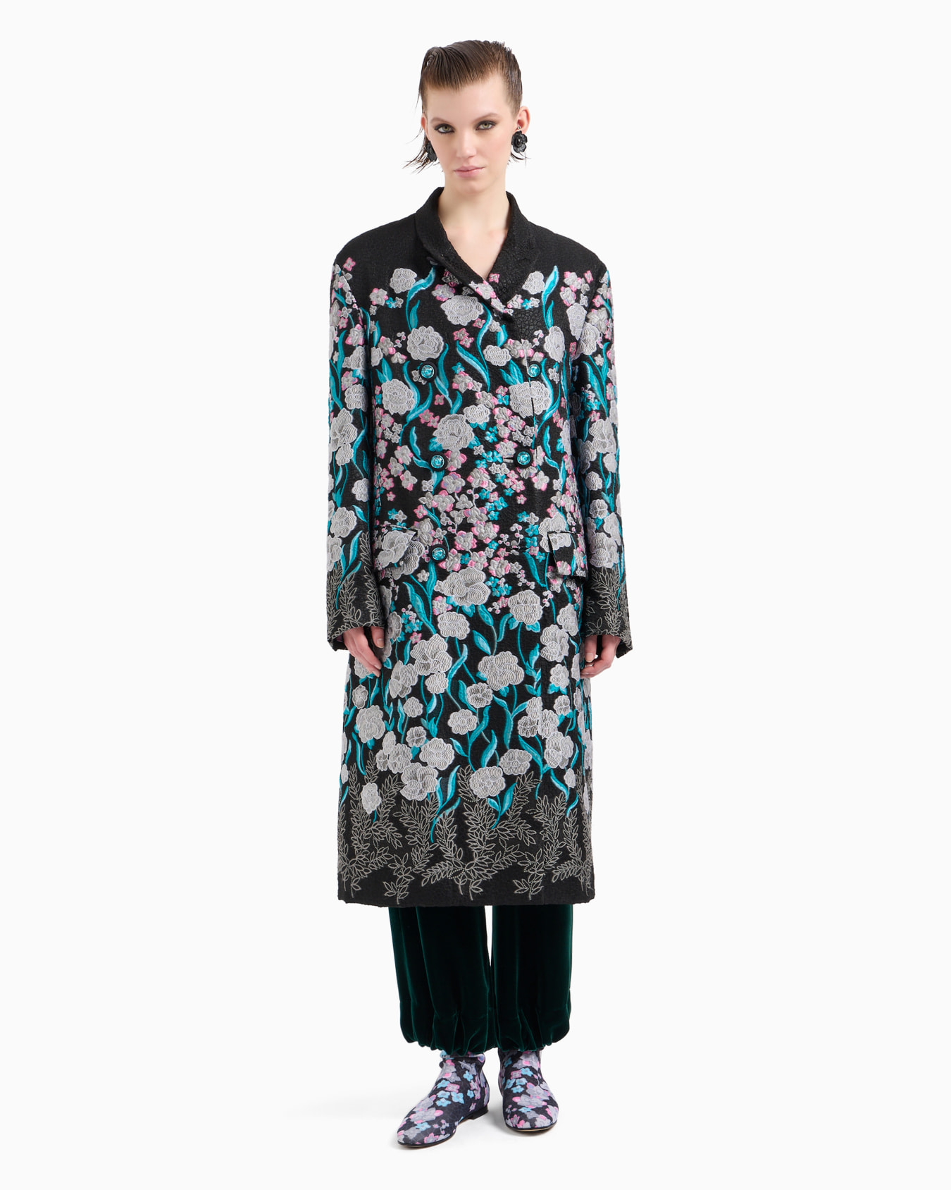 Manteau long à double boutonnage avec broderie de fleurs et ramage Diapositive 2