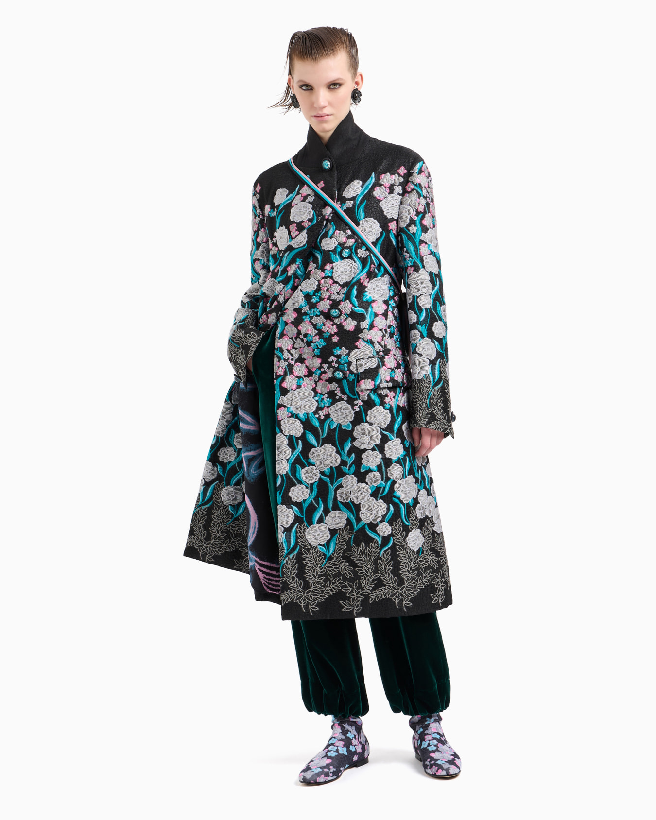 Manteau long à double boutonnage avec broderie de fleurs et ramage Diapositive 4