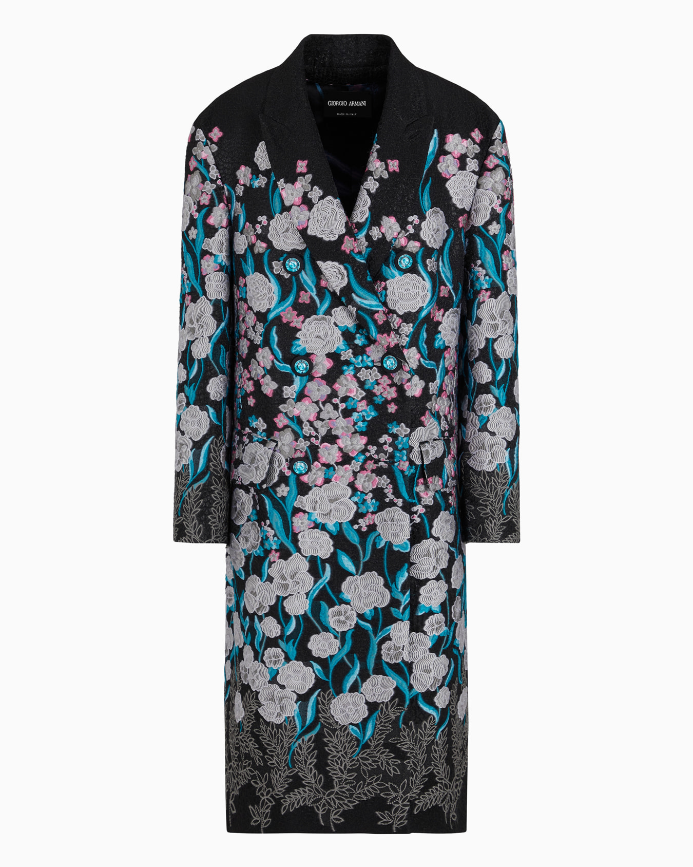 Manteau long à double boutonnage avec broderie de fleurs et ramage Diapositive 0