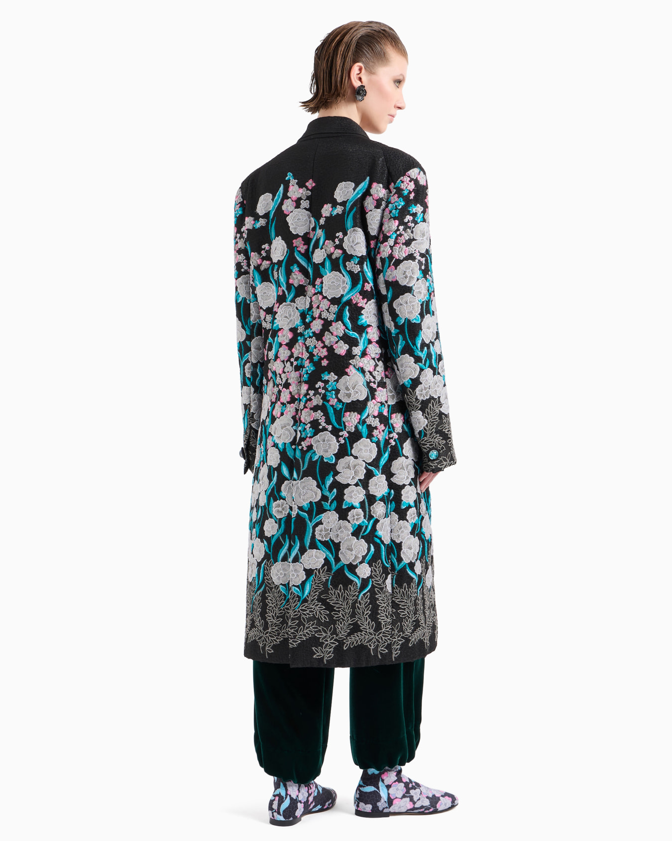 Manteau long à double boutonnage avec broderie de fleurs et ramage Diapositive 3