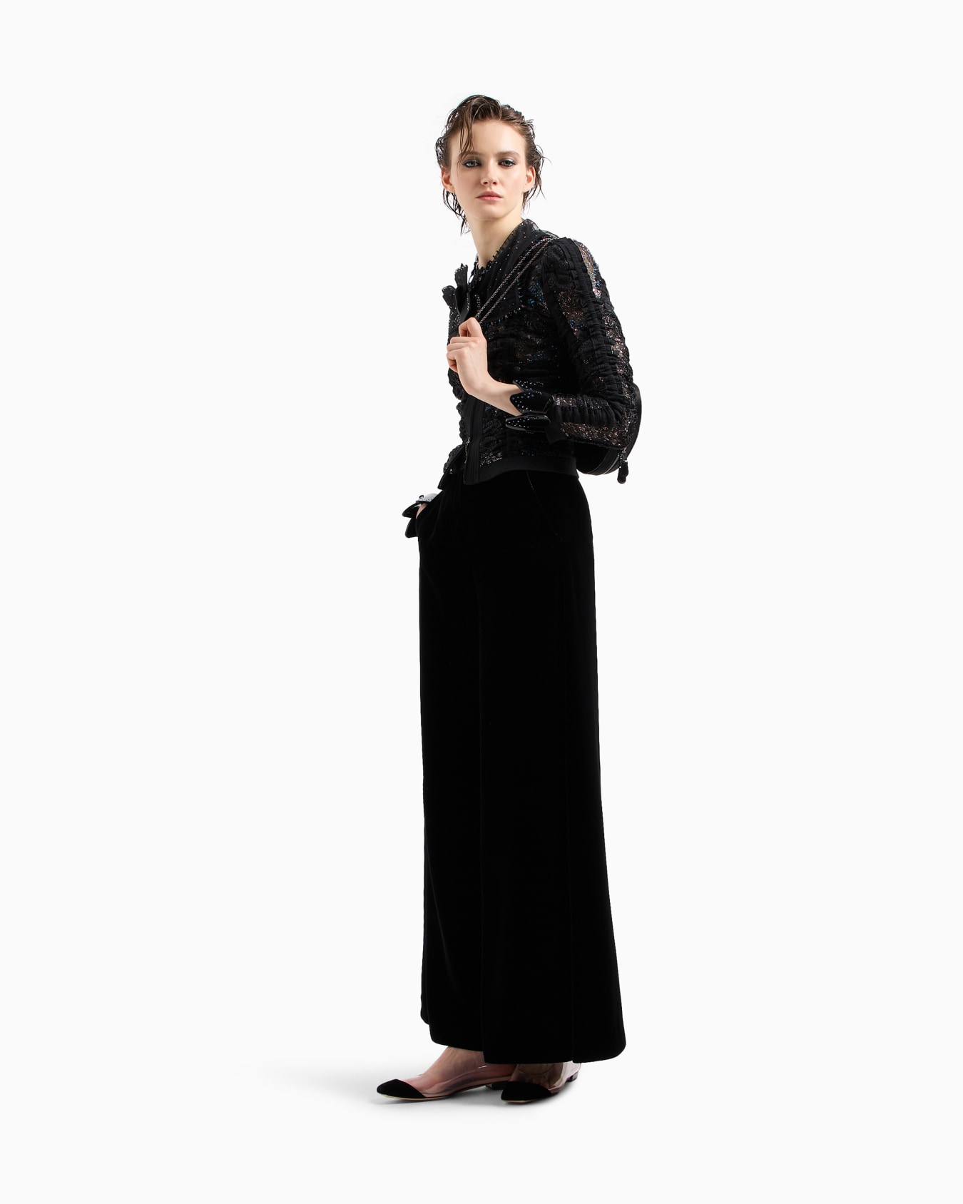 Short jacket in black embroidered lace with zip Slide 2