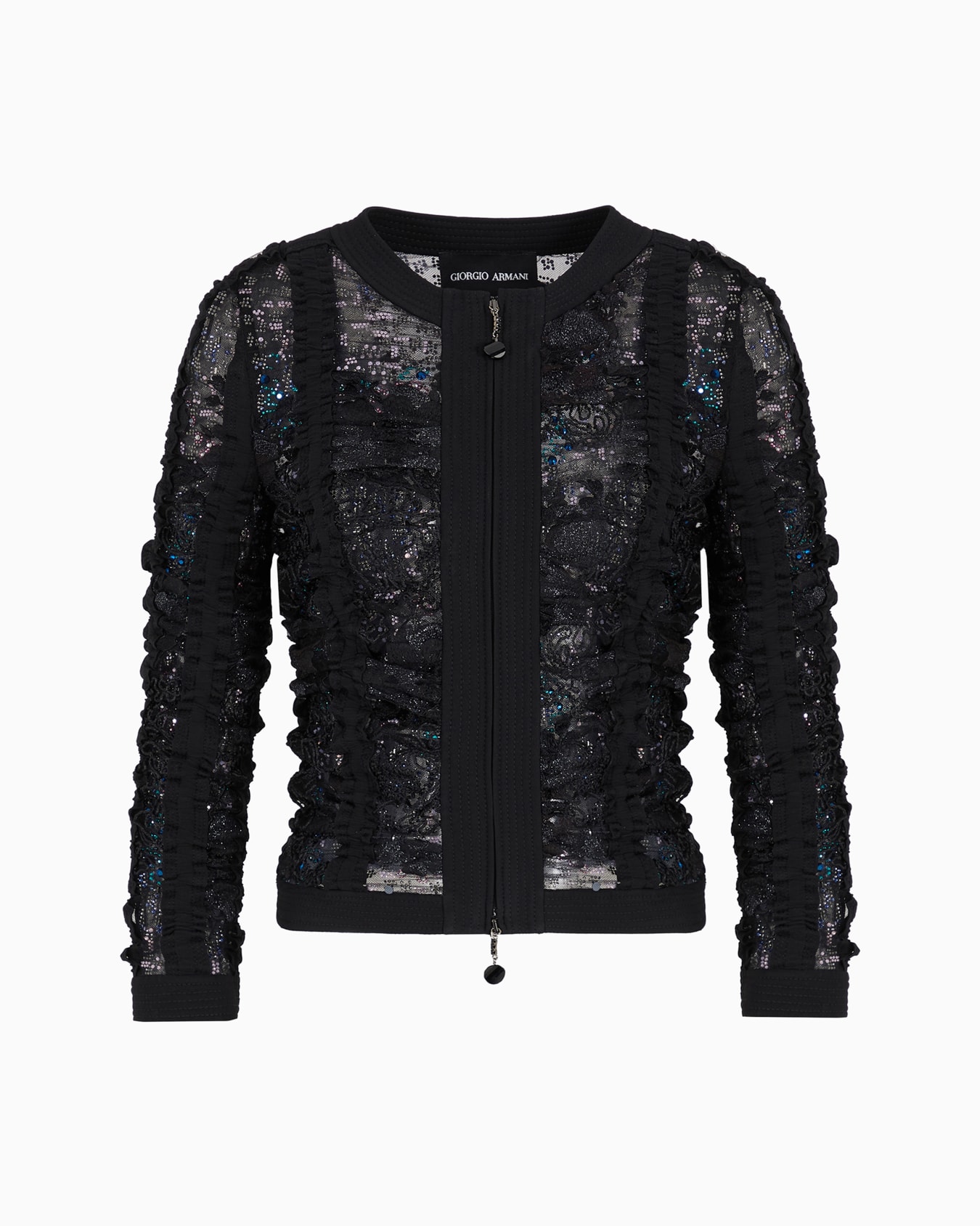 Short jacket in black embroidered lace with zip Slide 0