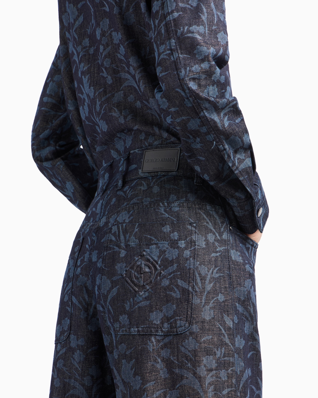 Denim Collection five-pocket wide leg trousers in cotton, viscose and lurex denim with floral motif Slide 4